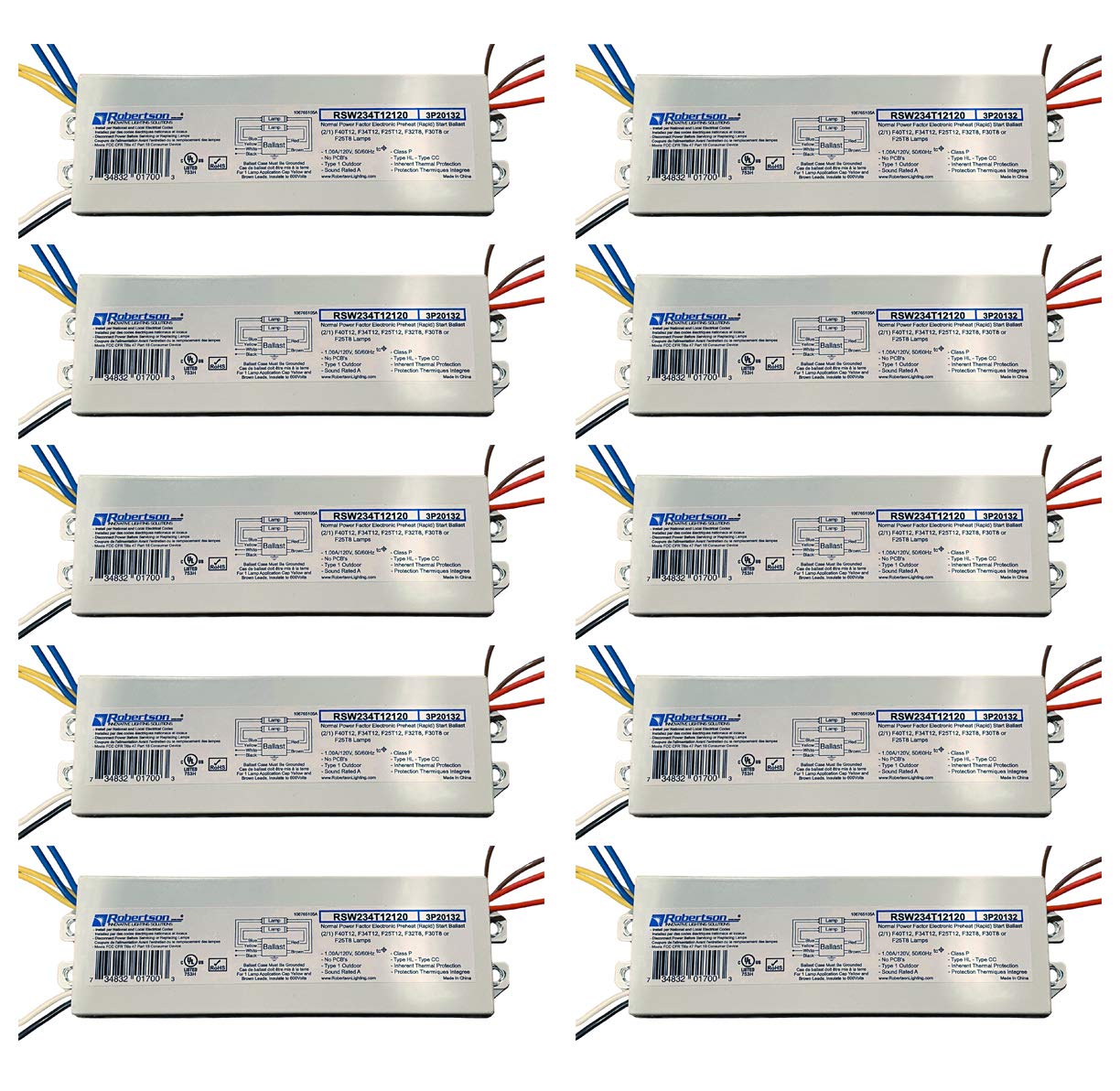 Robertson 2P20132 Quik-Pak of 10 Fluorescent eBallasts for 2 F40T12 Linear Lamps, Preheat Rapid Start, 120Vac, 50-60Hz, Normal B