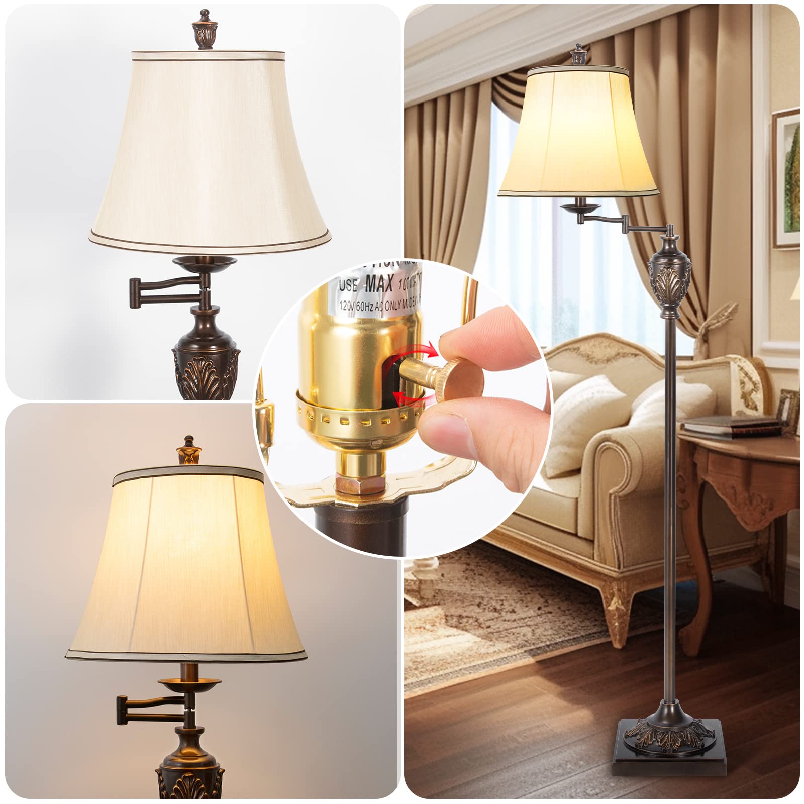 AIDENOEY Traditional LED Floor Lamp with Adjustable Swing Arm, Brown, Model HYFLOOR002, Faux Silk Shade, Ideal for Living Room and Office