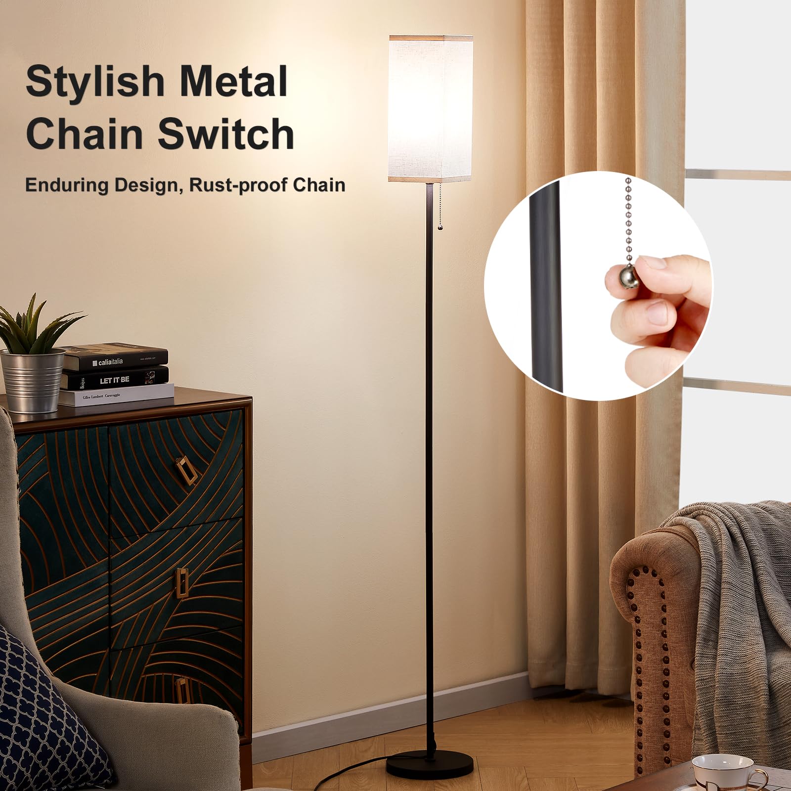 Ziisee Floor Lamps For Living Room, Modern Standing Lamp With Pull Chain Switch, 3 Color Temperature Black Pole Lamp With Lampsh