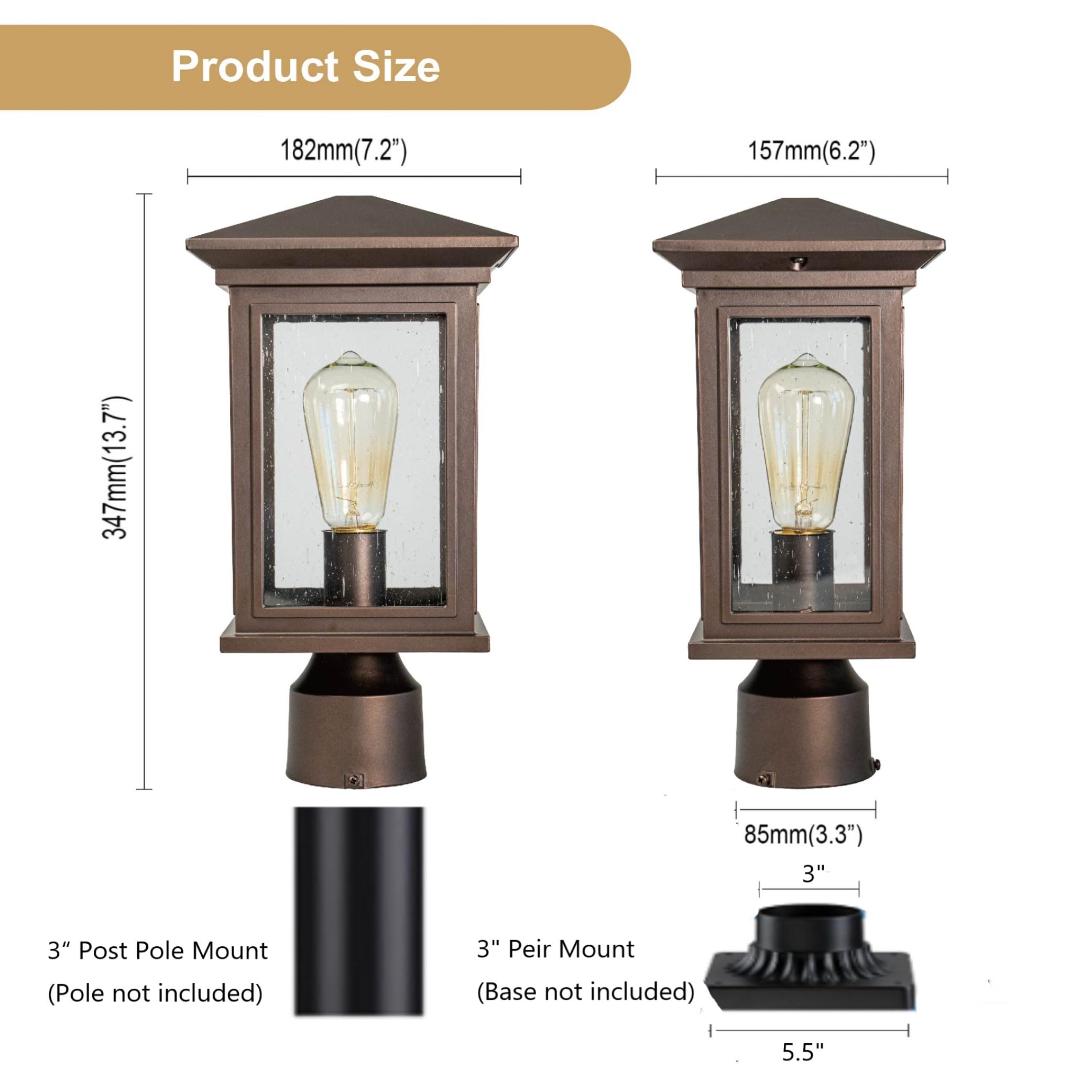 Jetima Outdoor Post Light - Waterproof Lantern with Tempered Glass, Oil Rubbed Bronze Finish, Ideal for Patio, Garden, and Pathway