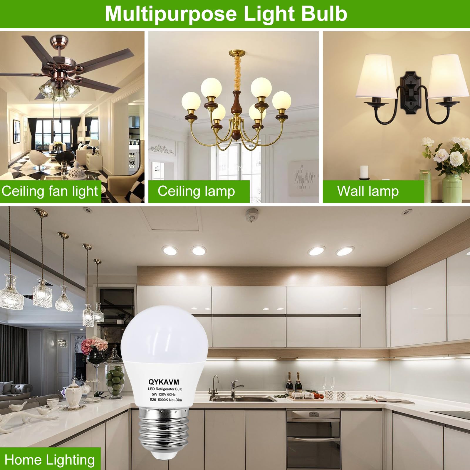 QYKAVM 5W A15 E26 LED Refrigerator Light Bulb, 40W Equivalent, Waterproof, 500LM, 5000K Daylight White, 2 Pack