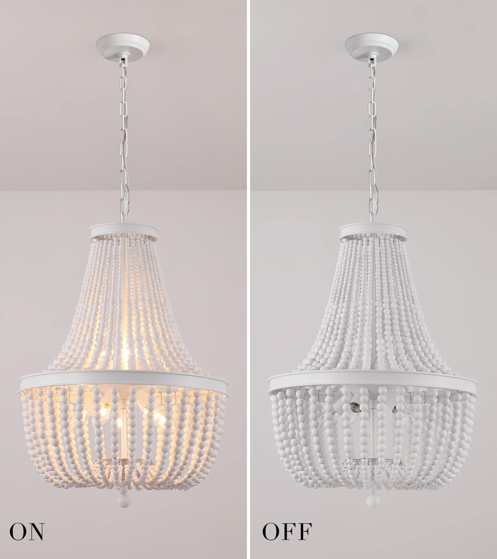 Q&S 8-Light Beaded Chandelier, White Wood & Iron, Vintage Boho Light Fixture for Dining Room, Nursery, Kitchen, UL Listed