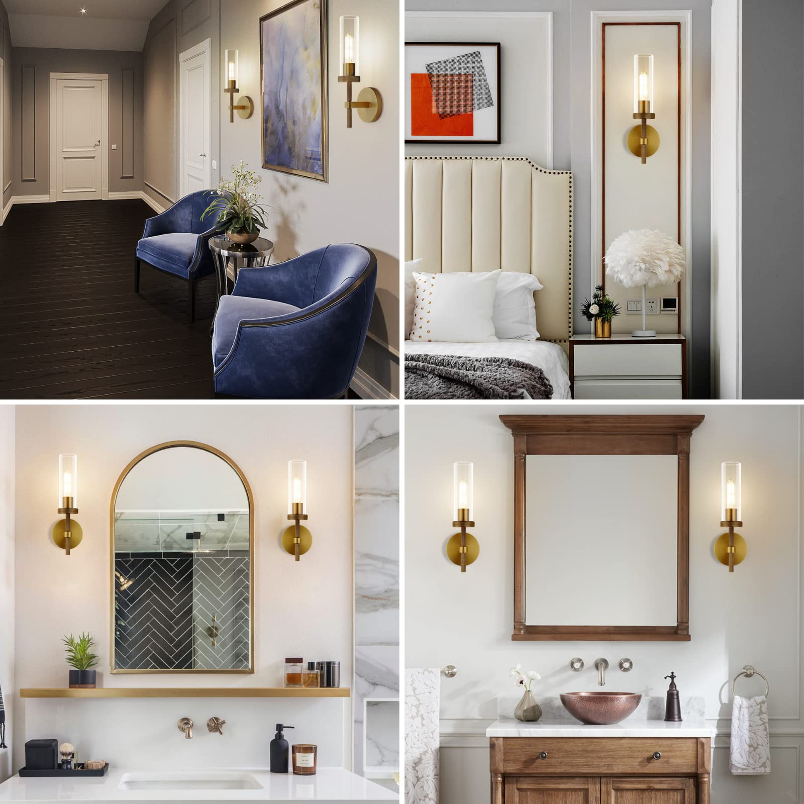 Knurled Brass Wall Sconces Indoors, Glass Tube Sconces Wall Lighting 14'', Gold Bathroom Vanity Wall Sconces, Wall Lights For Li