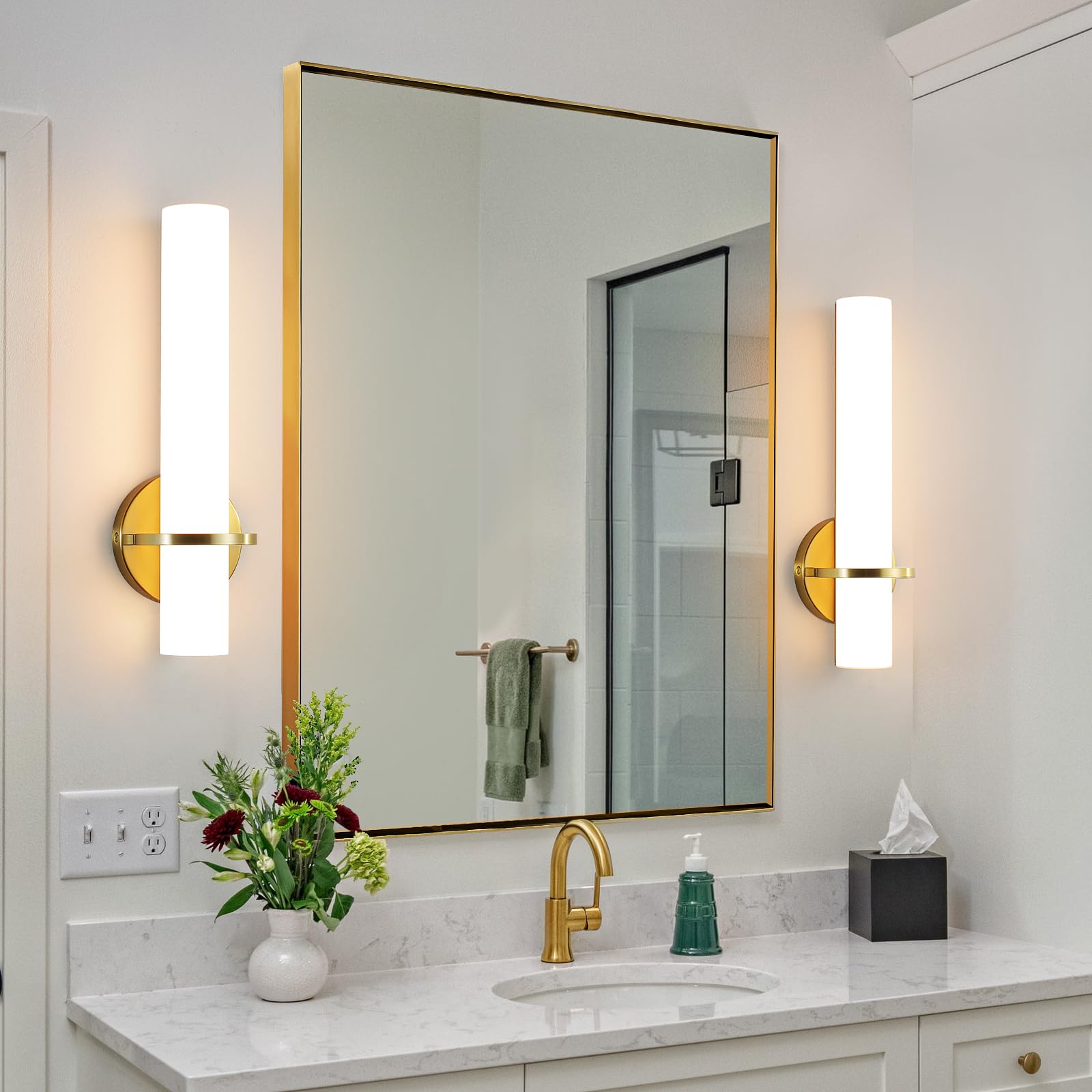 AIJIASI Gold Wall Sconces Set of Two, 15W Dimmable LED Bathroom Vanity Light, Acrylic Lampshade, Model 8001WL-14GD-US-2P