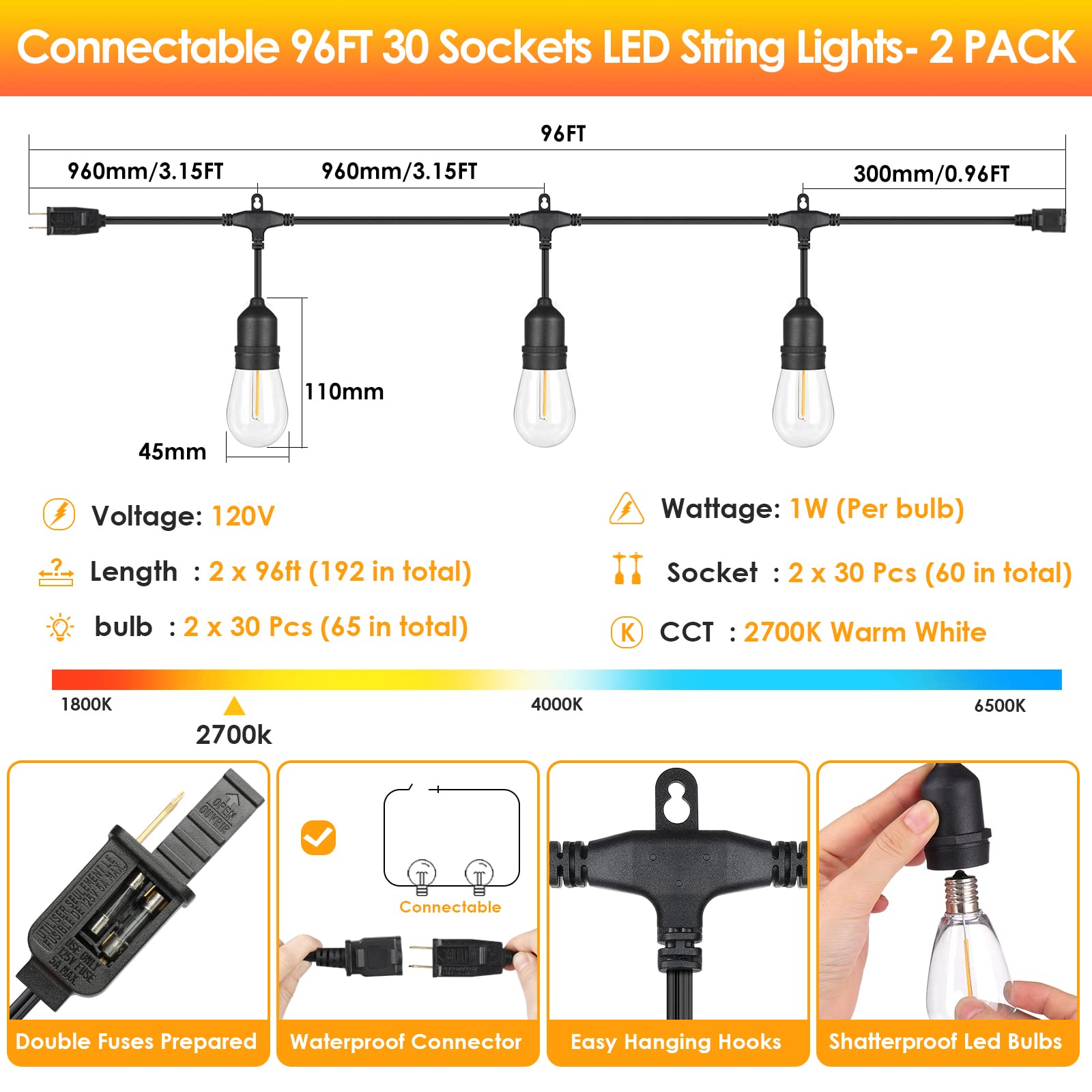 Mlambert 2 Pack 96Ft Outdoor String Lights With 60+5 Led Vintage 2700K Bulbs, Dimmable Waterproof Lights For Patio Balcony-192Ft