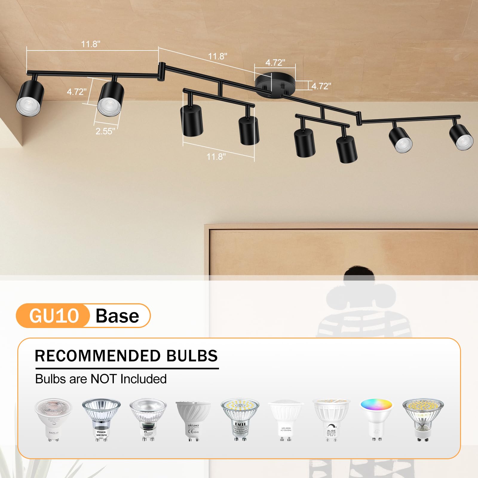 Boostarea Led 8 Light Track Lighting Kit, Black 8 Way Ceiling Spot Lighting, Flexibly Rotatable Light Head For Kitchen, Living R