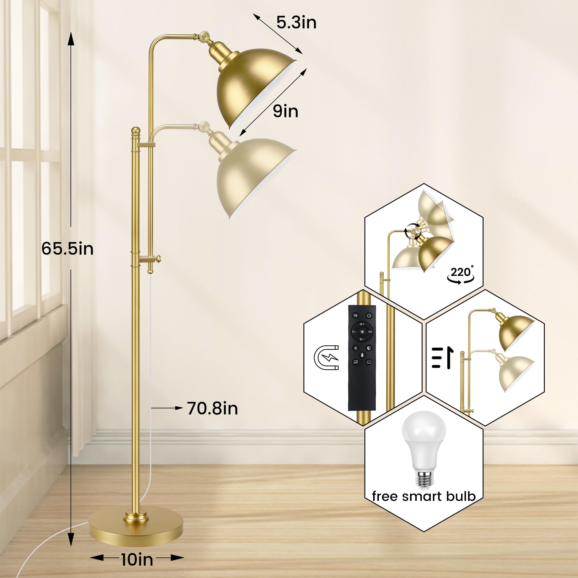 PARTPHONER Industrial Floor Lamp, Adjustable Rustic Design, Metal Shade, Aged Gold Finish, Model STR-FP-0149