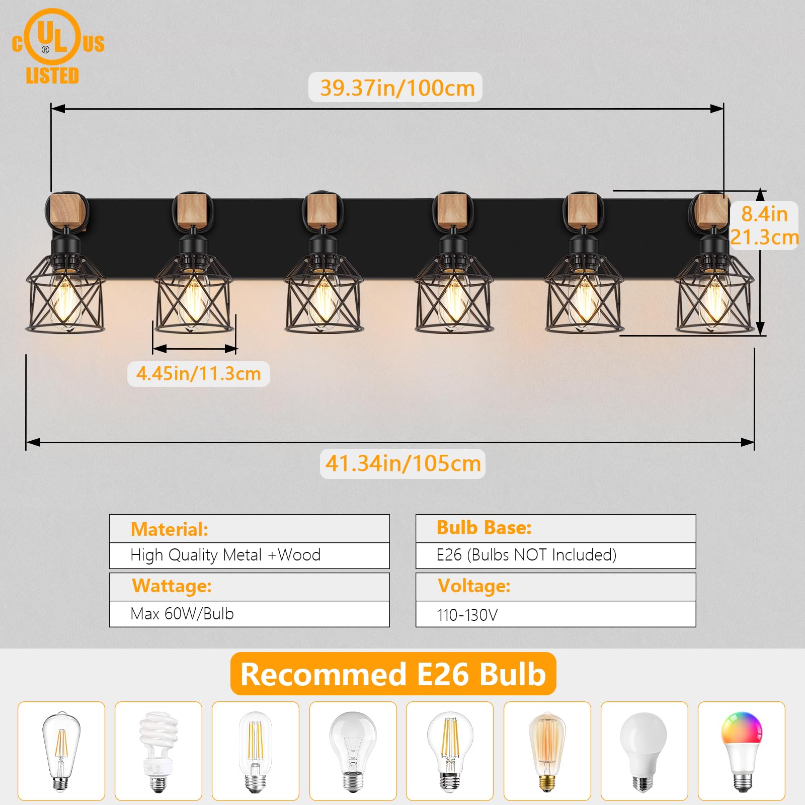 FadimiKoo 6-Light Farmhouse Bathroom Vanity Lighting, Rustic Black Wood & Metal Sconces, XLZ-6 Model for Bedroom, Living Room, Hallway