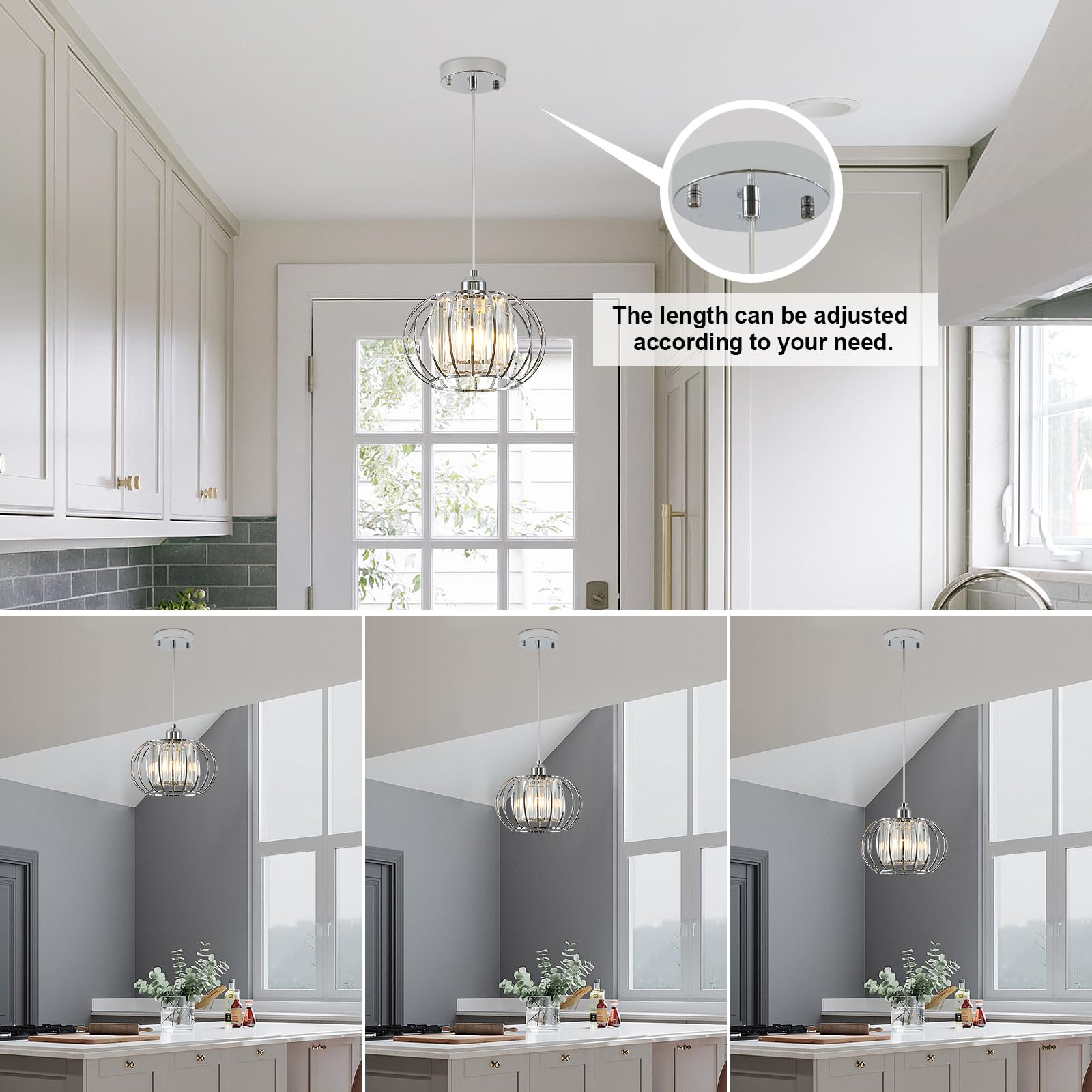 Xsdetu Modern Chrome Pendant Light Fixtures, Mini Crystal Hanging Light Chandelier, Metal Kitchen Island Lighting, Adjustable Pendant Lighting For Kitchen Island, Dining Room, Bedroom, Hallway