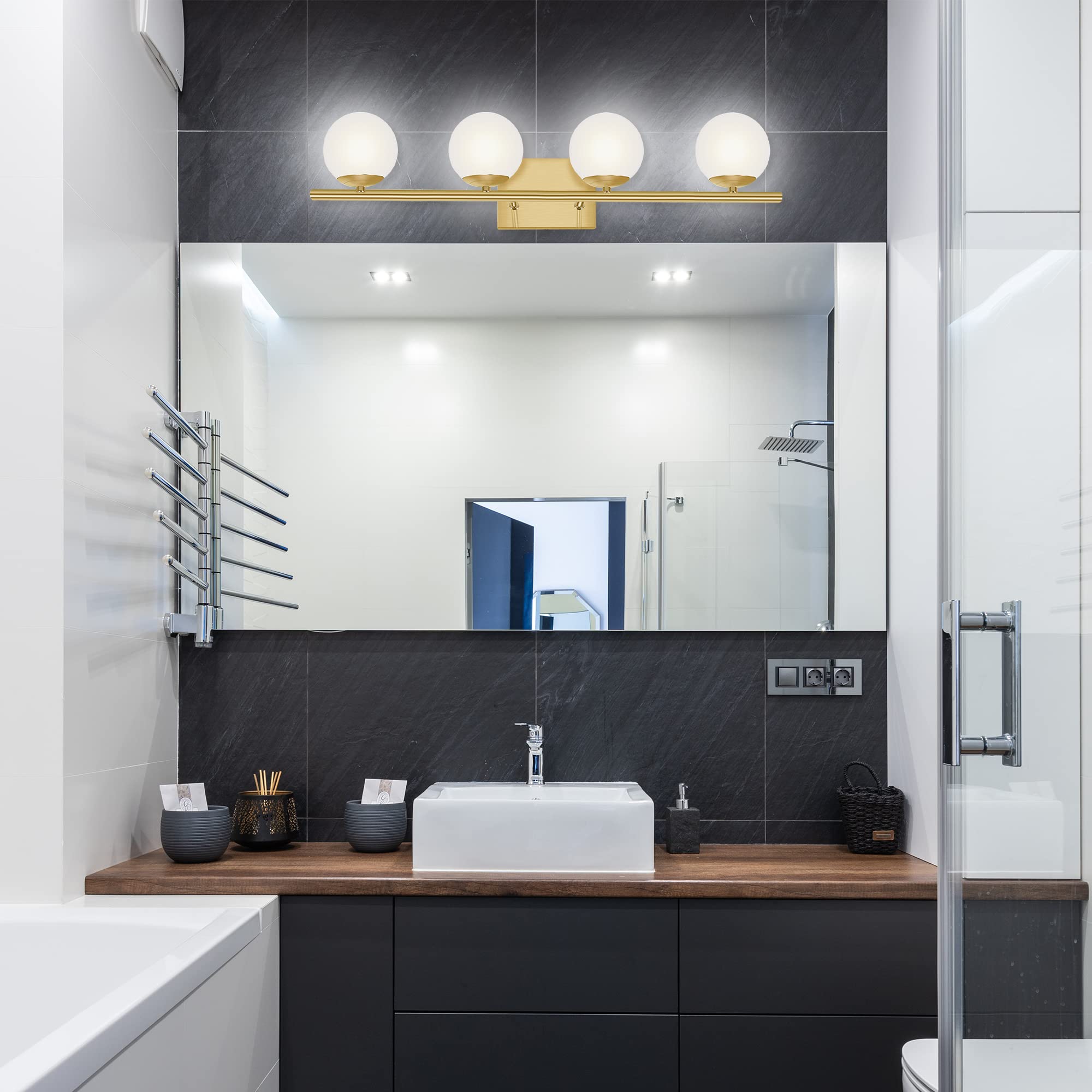 YHTlaeh New Bathroom Vanity Light Fixtures Brushed Brass Milk White Globe Glass Shade 4 Lights Modern Wall Bar Sconce Over Mirro