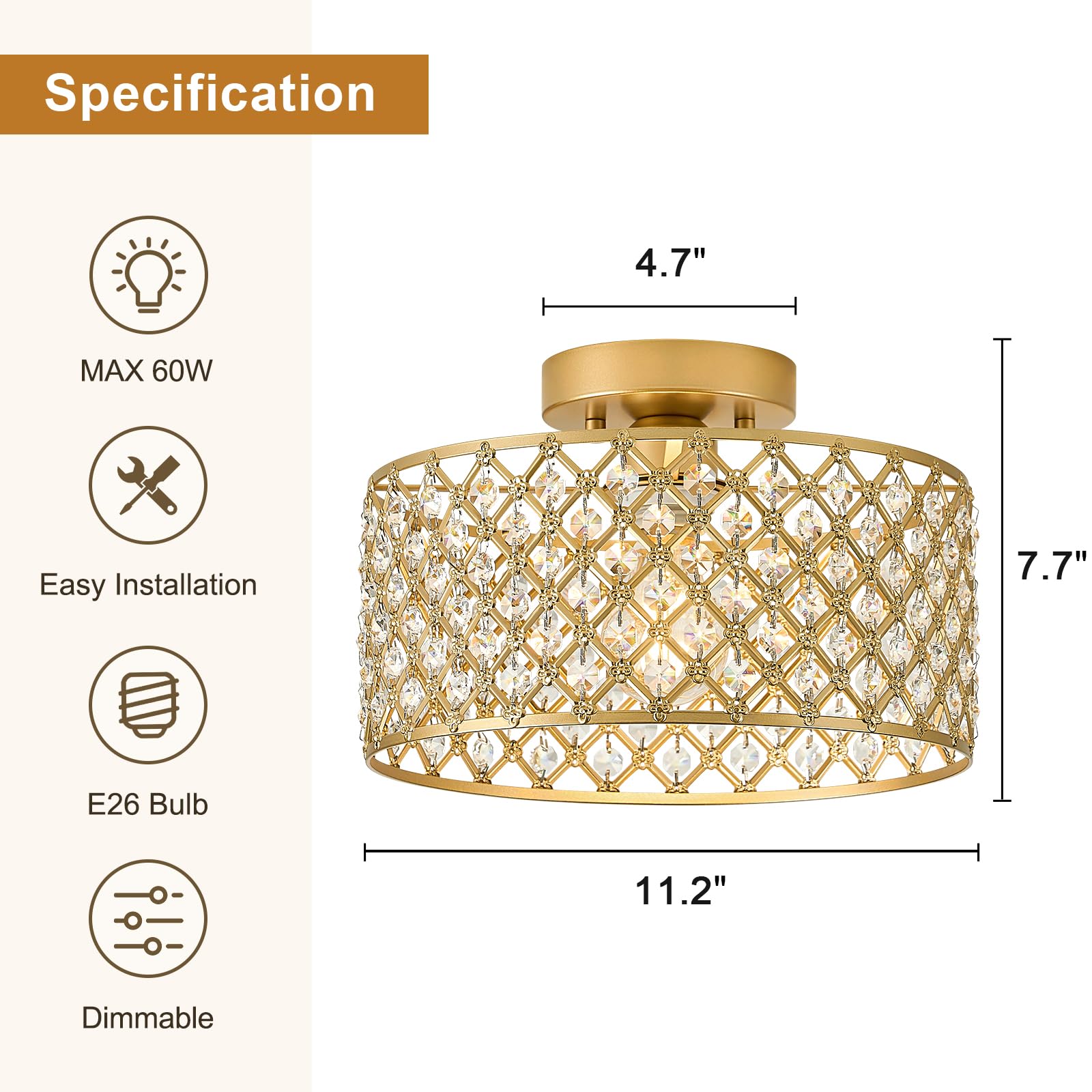 BZVESR Gold Crystal Ceiling Light Fixture, Modern Semi Flush Mount, 11.2 in, for Dining Room, Kitchen, Bedroom, Model 20251213004