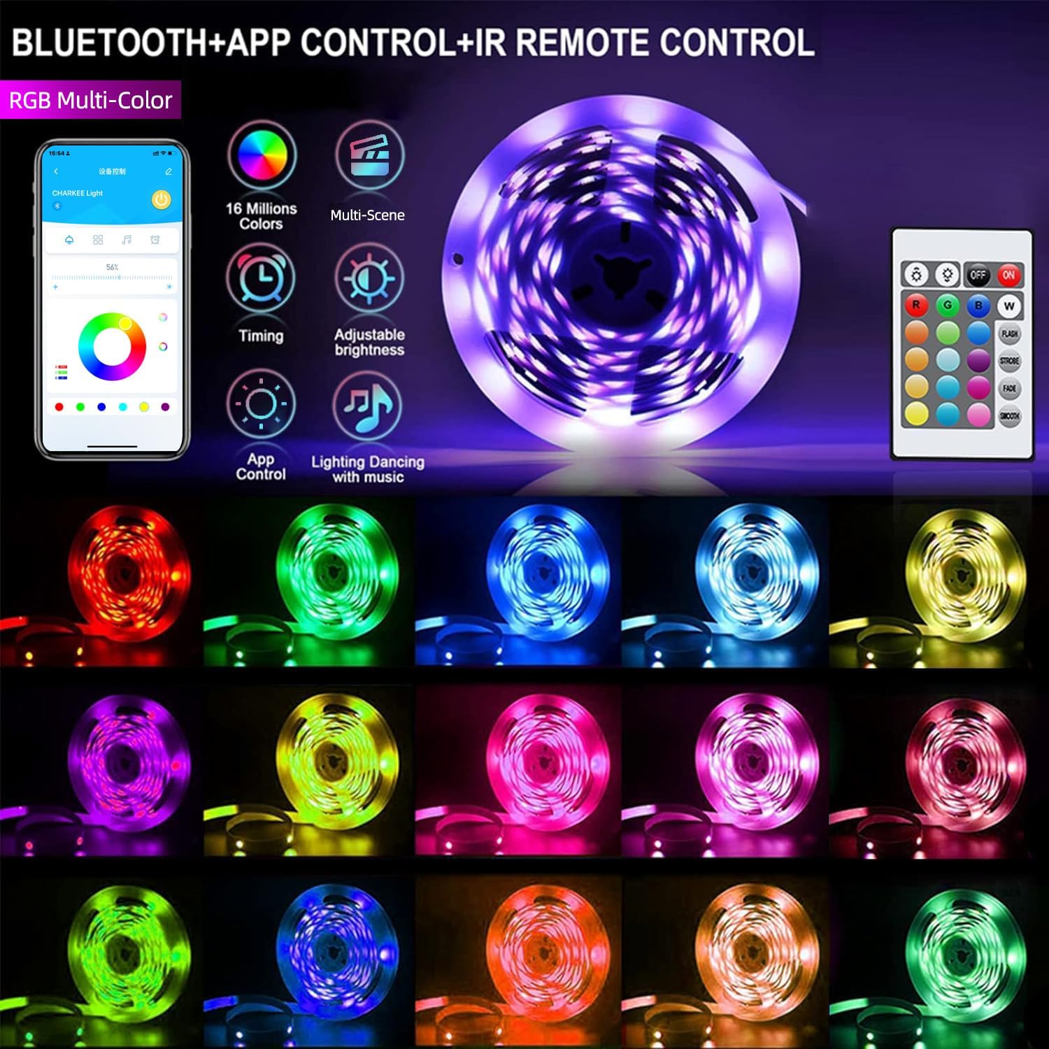 CHARKEE LED Strip Lights Kit, 65.6ft (2 Rolls of 32.8ft), RGB Color Changing with 44 Keys Remote, Model CH55NW3002P1
