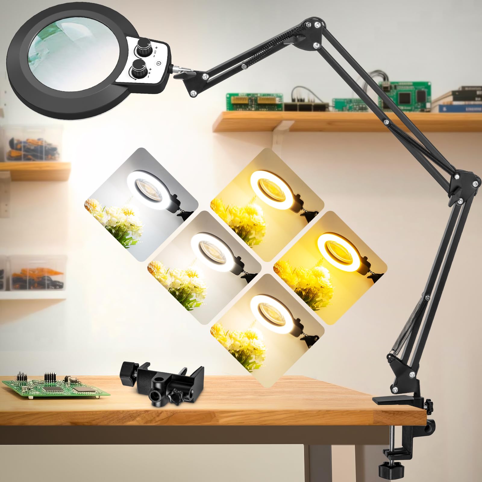 KMDES 12X Magnifying Glass with Light, Ultra Long 3 Section Swing Arm LED Desk Lamp with Large Clamp, 3 Color and Brightness Han