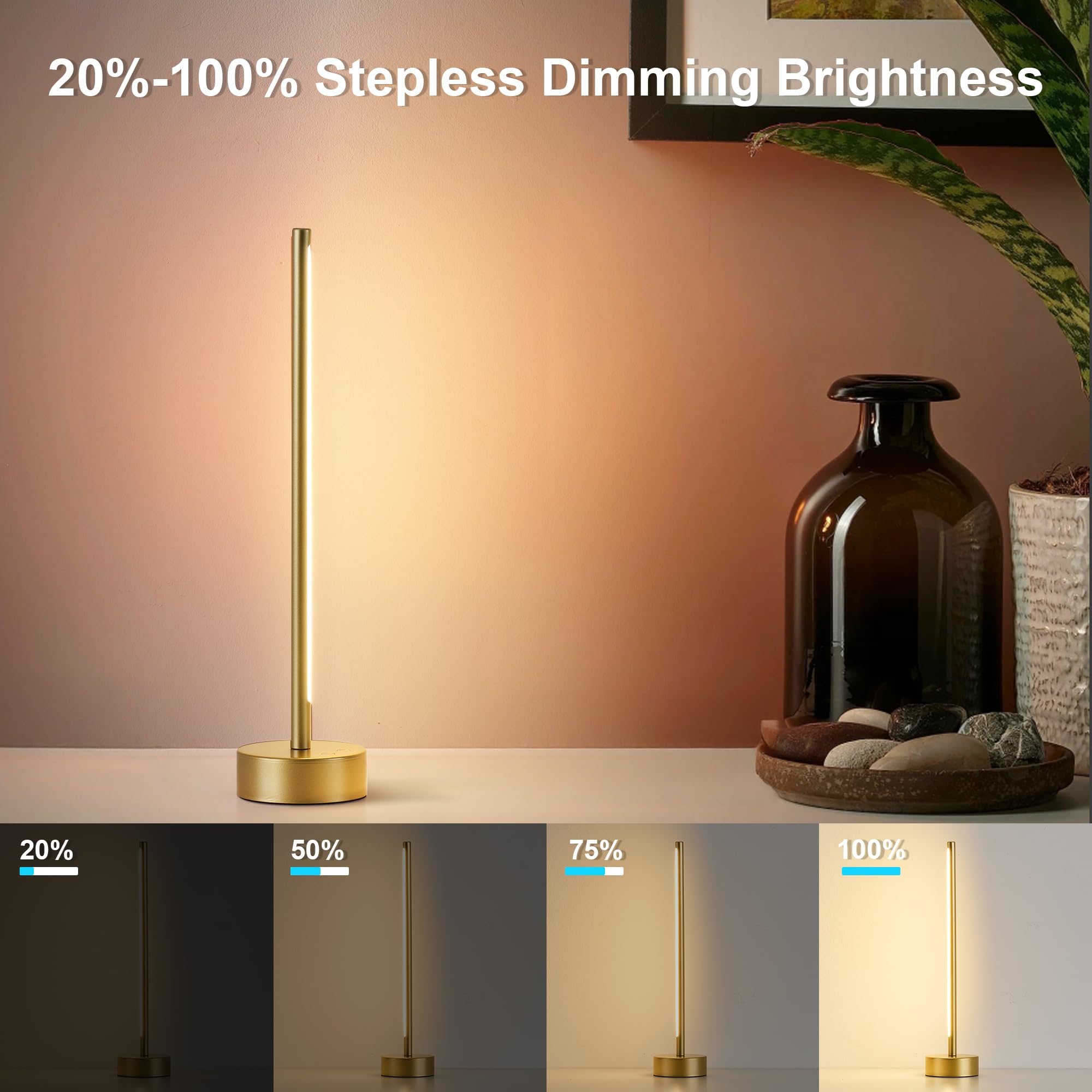 KARTOOSH Cordless LED Table Lamp Set, Dimmable 3 Color, 16.9" Gold, Battery Operated, Modern Design, 2 Pack, Model RS327BGD