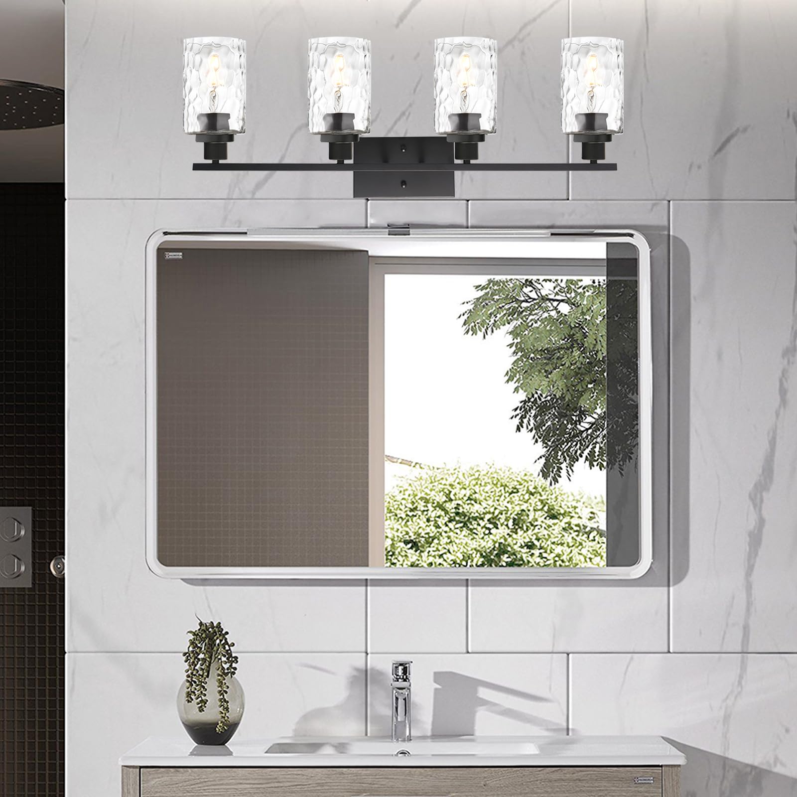 MELUCEE Wall Light Fixture, 4-Light Black Metal Vanity Light with Clear Hammered Glass, Model 6919305763081