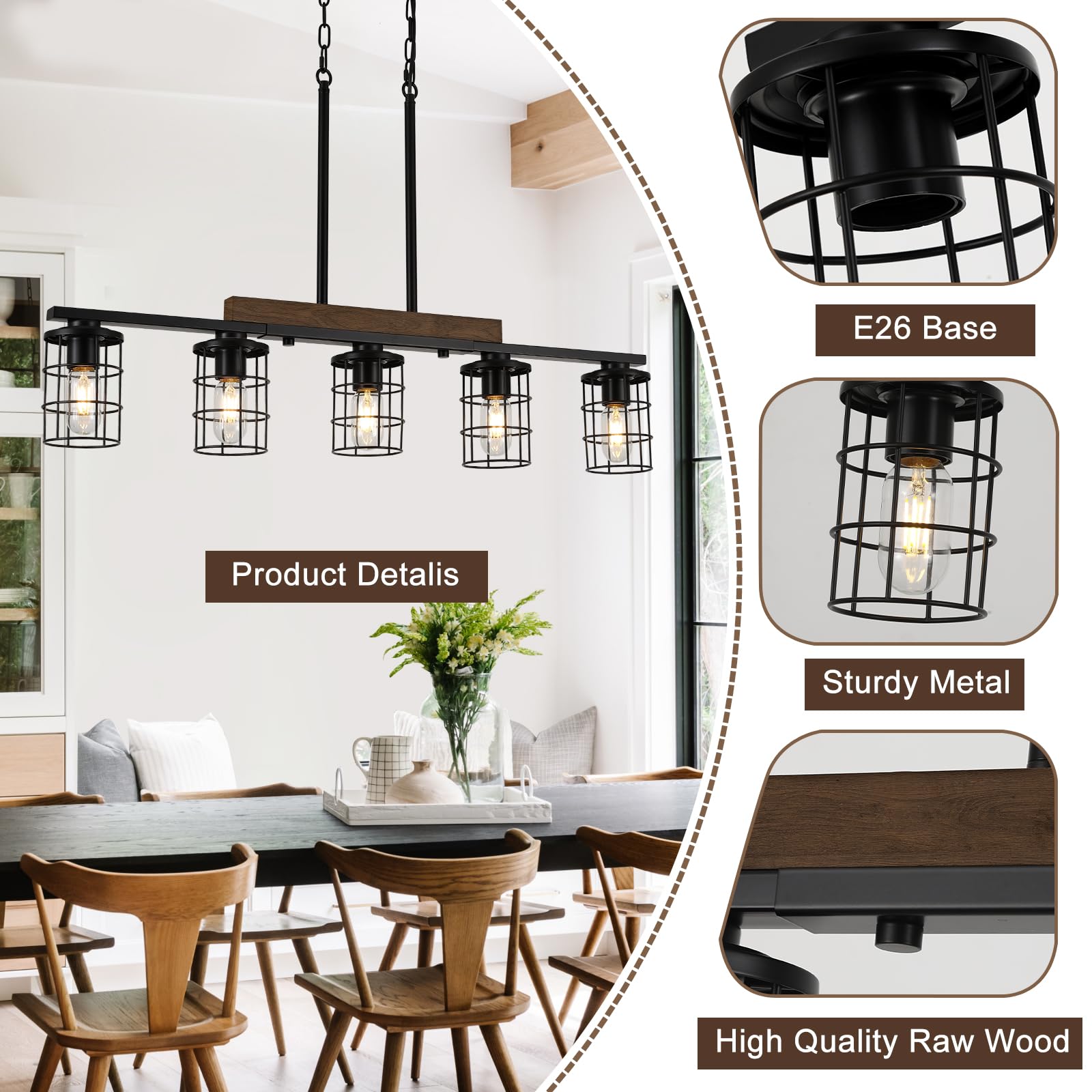 Dining Room Light Fixture/Chandelier Over Table, 36.2-Inch Hanging For Farmhouse Linear Chandeliers,5-Light Kitchen Island Light