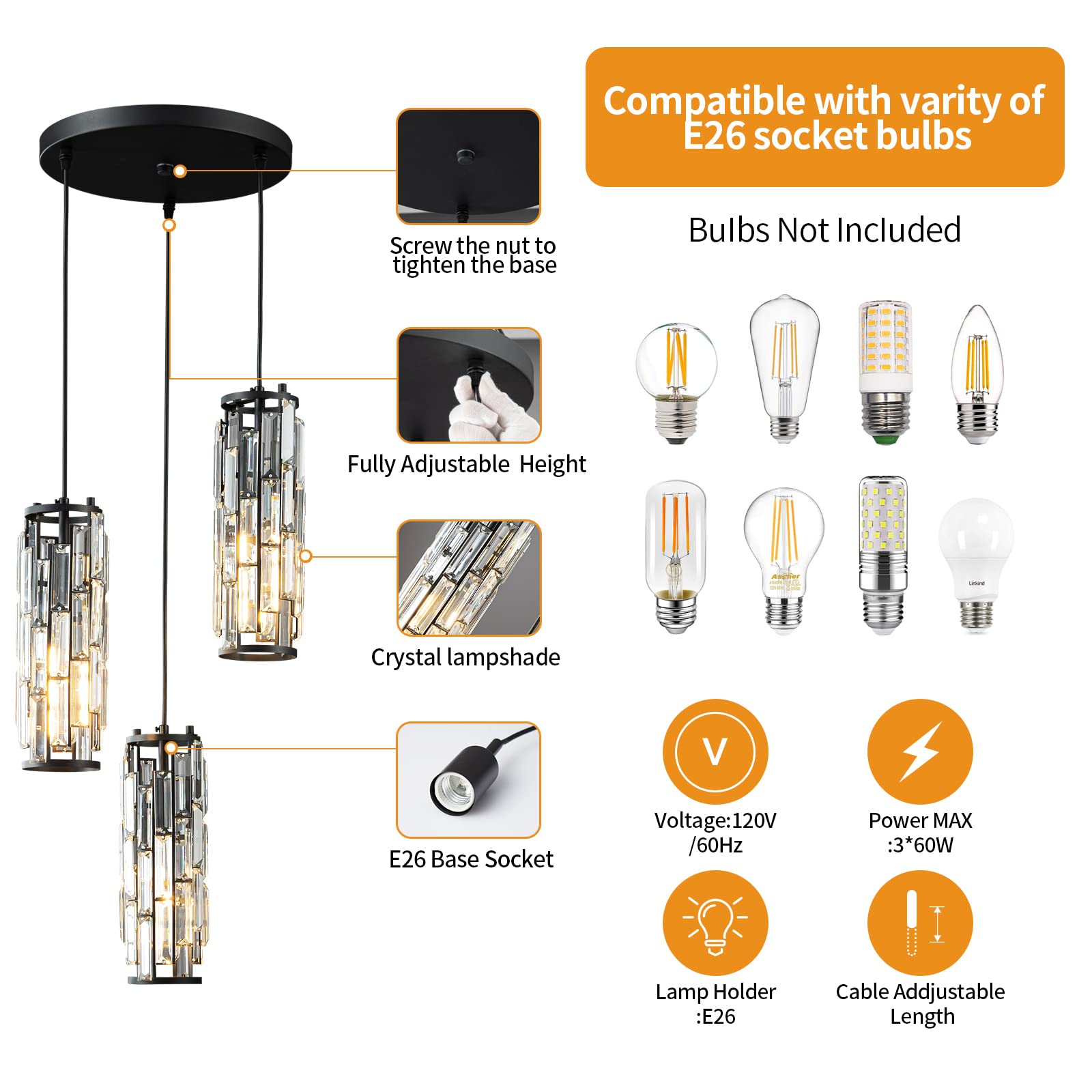 Lmqnine 3-Light Black Pendant Light Fixture, Modern Mini Crystal Chandelier For Kitchen & Dining