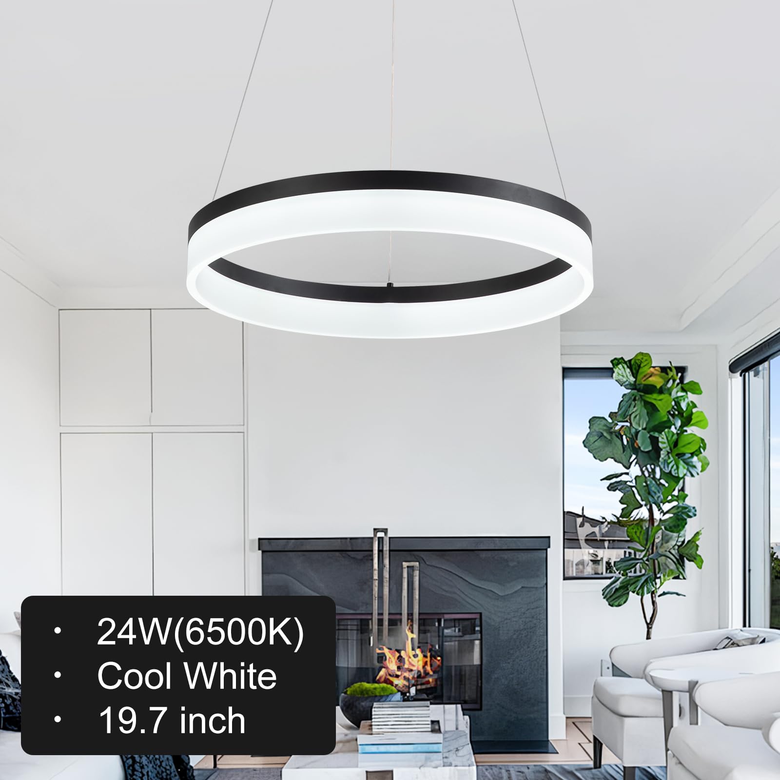Buccleuch Black LED Chandelier, Dimmable 19.7" Round Pendant Light for Dining Room, Height Adjustable Acrylic Ceiling Fixture