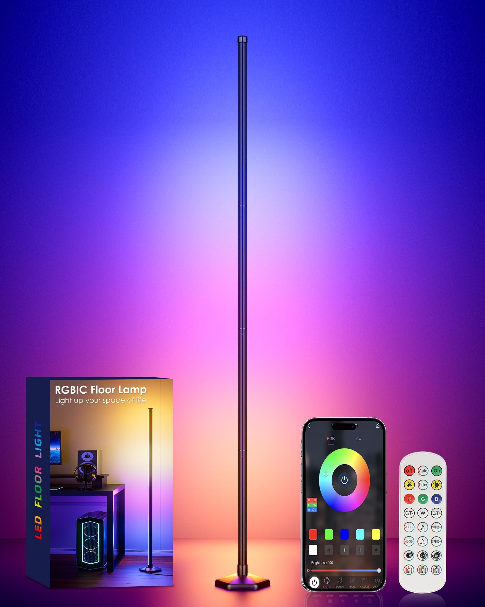 Yikbik Rgb+W Corner Floor Lamp, 65'' Color Changing 24V Led Floor Lamp With Cool White Bluetooth App Remote Control Music Sync M