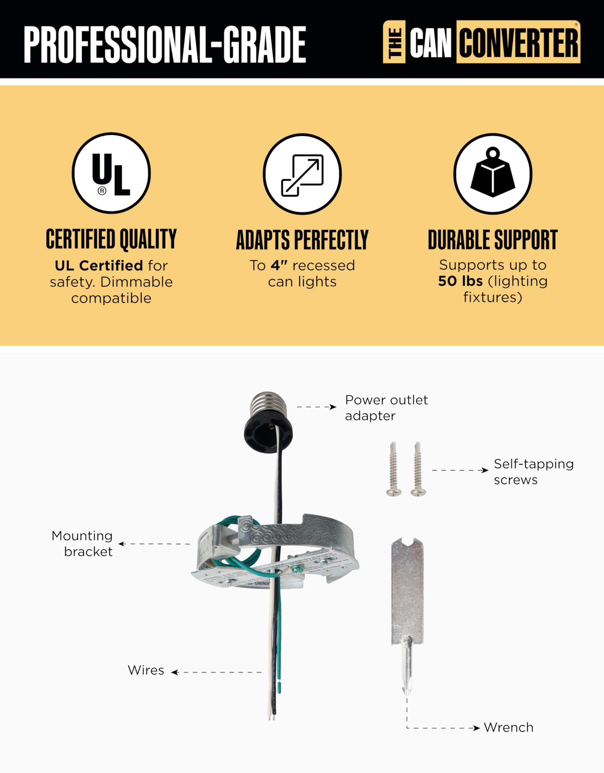 The Can Converter - R4, 4&quot; Recessed Can Light Conversion Kit, Up To 50Lbs Ceiling Light Fixture, Recessed Lighting, Pendant Light, Hanging Light, Chandeliers, Flush Mounts, & Overall Home Improvement