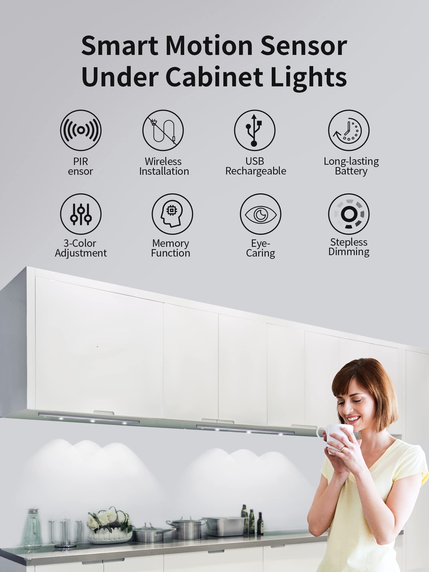 ?2022 Newest? 3 Colors Dimmable Motion Sensor Under Cabinet Lights Wireless,1500mAh Rechargeable Battery Operated Closet Light U