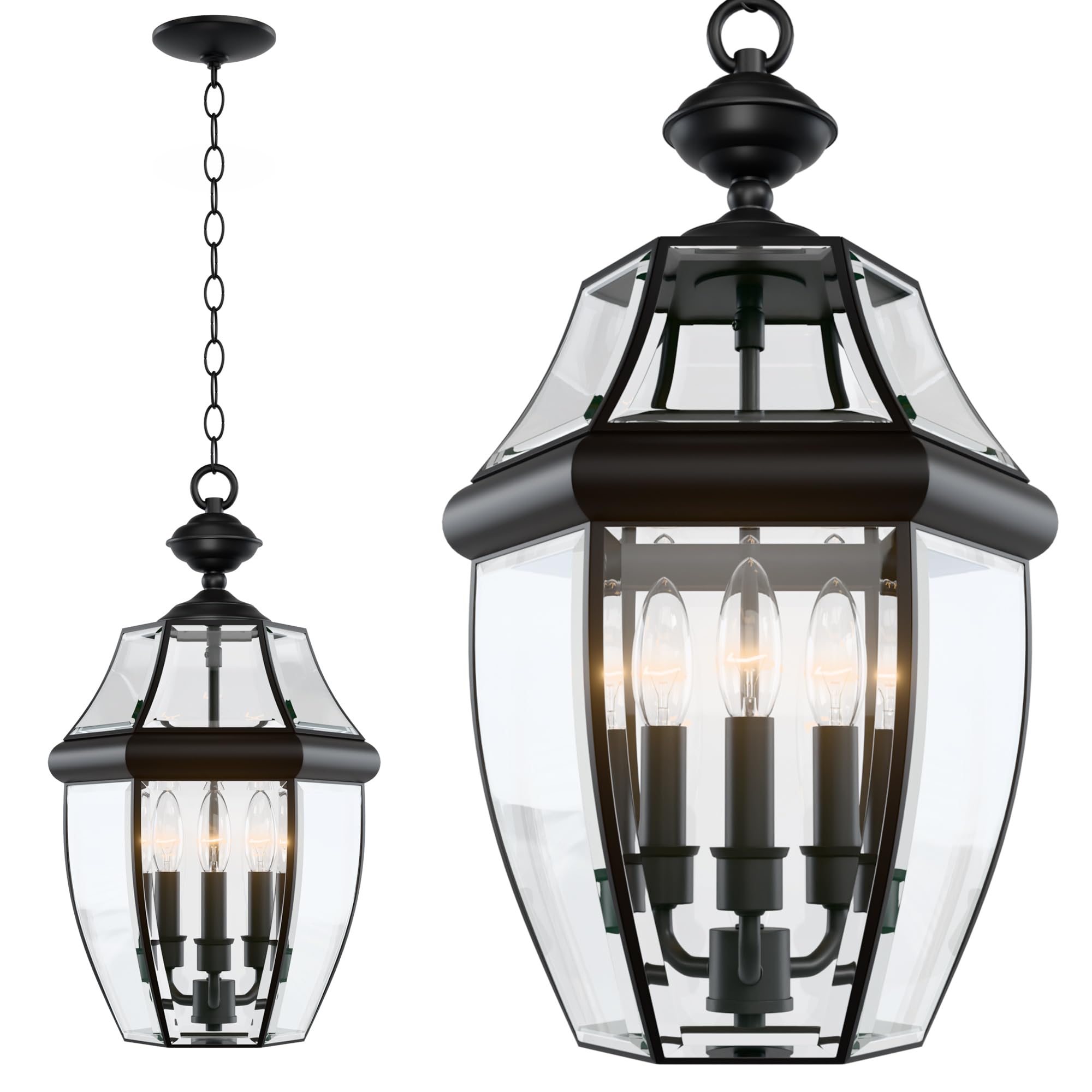Large Outdoor Pendant Light Fixture 3-Light, 20in Modern Black Outdoor Chandelier Hanging Porch Light, Metal Exterior Ceiling Mo