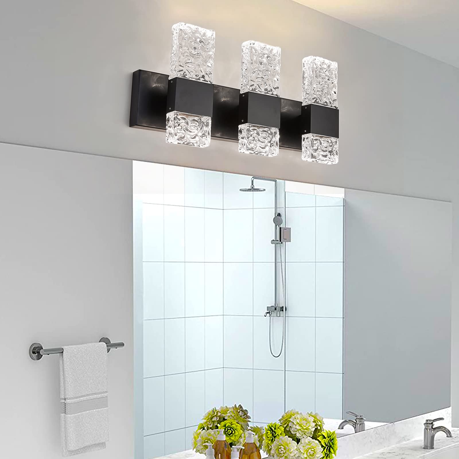 Oylyw Black 3-Light Bathroom Vanity Light Fixture, Modern Led Crystal Wall Light, 6000K