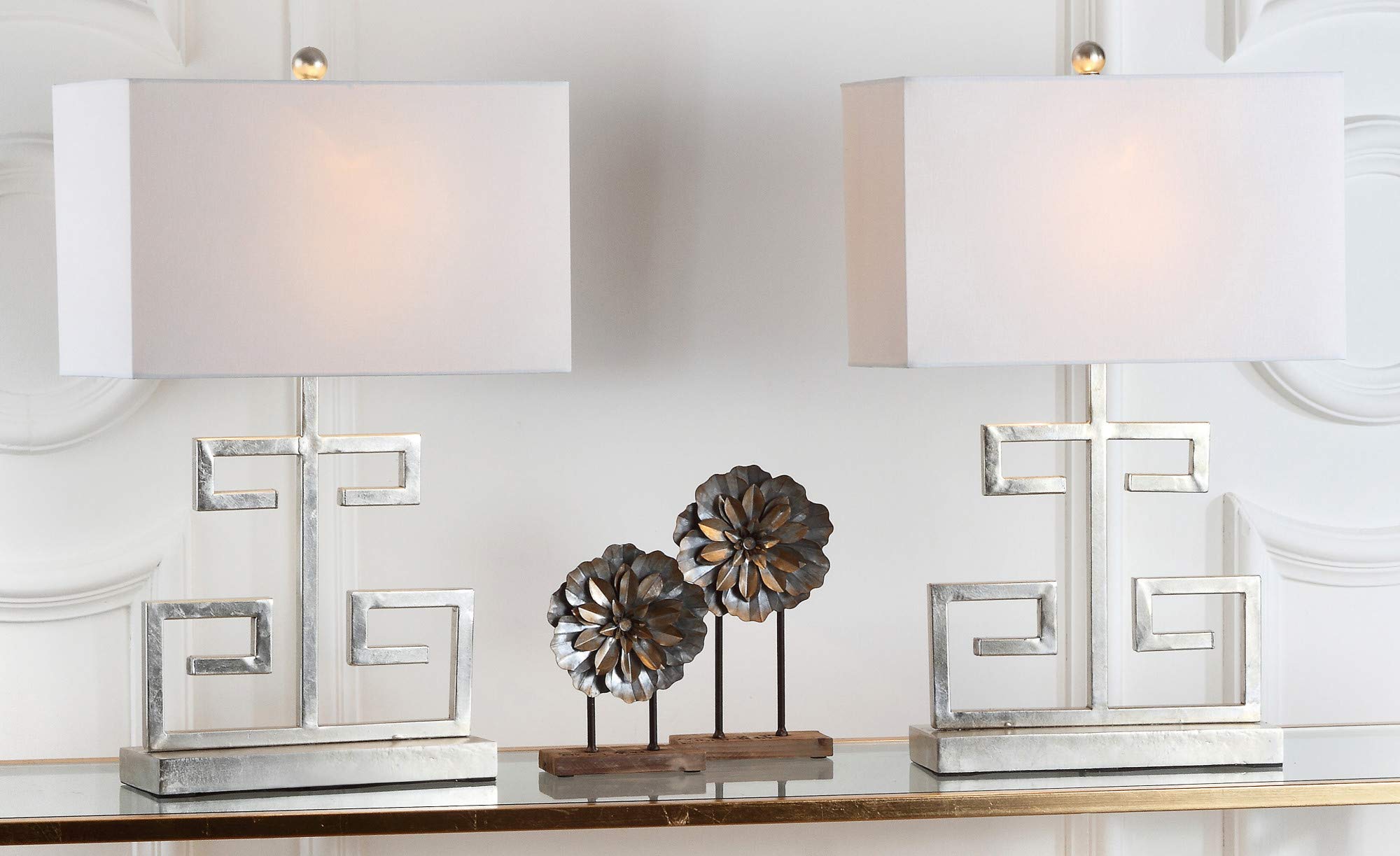Safavieh Lighting Collection Greek Key Antique Silver And White Table Lamp, Set Of 2