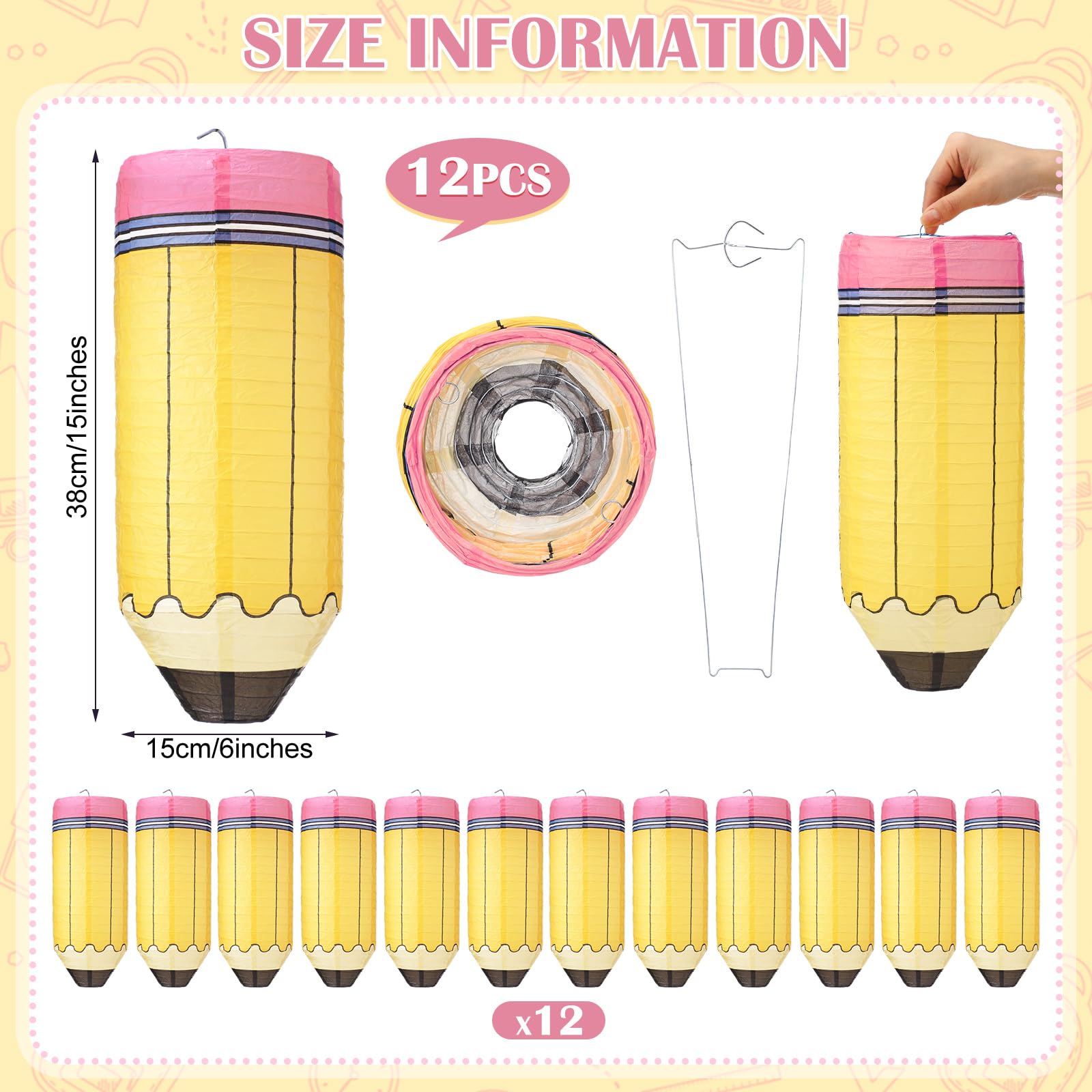 Retisee 12 Pcs Pencil Hanging Paper Lanterns Party Decorations, Colorful Preschool Kindergarten Graduation Classroom Ceiling Dec