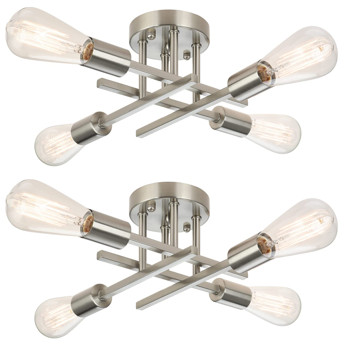 SunRider 2-Pack Industrial 4-Light Semi Flush Mount Ceiling Light Fixture, Brushed Nickel, Silver Farmhouse Rustic Sputnik Chand
