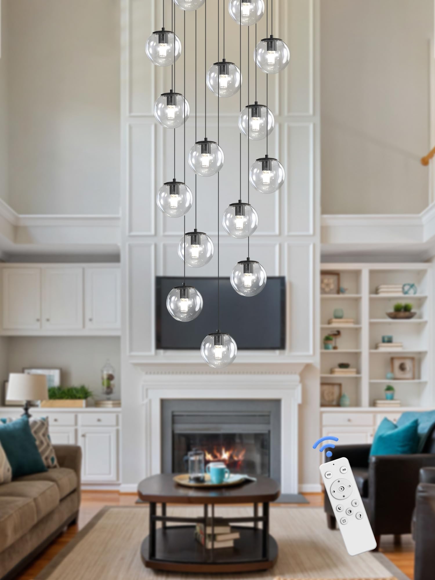 ykolupty 15-Light Black Chandelier, Dimmable Globe Glass Pendant Light for Kitchen Island, Dining Room, Entry Hallway, LED Bulbs Included
