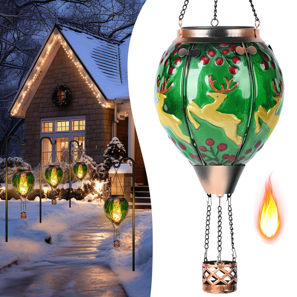 Solar Powered Hot Air Balloon Lantern - Christmas Reindeer Glass Lantern  Simulated Flickering & Dancing Flame  Outdoor Hanging Yard Light Waterproof Ip65 For Patio Lawn Porch Xmas Decor Gift