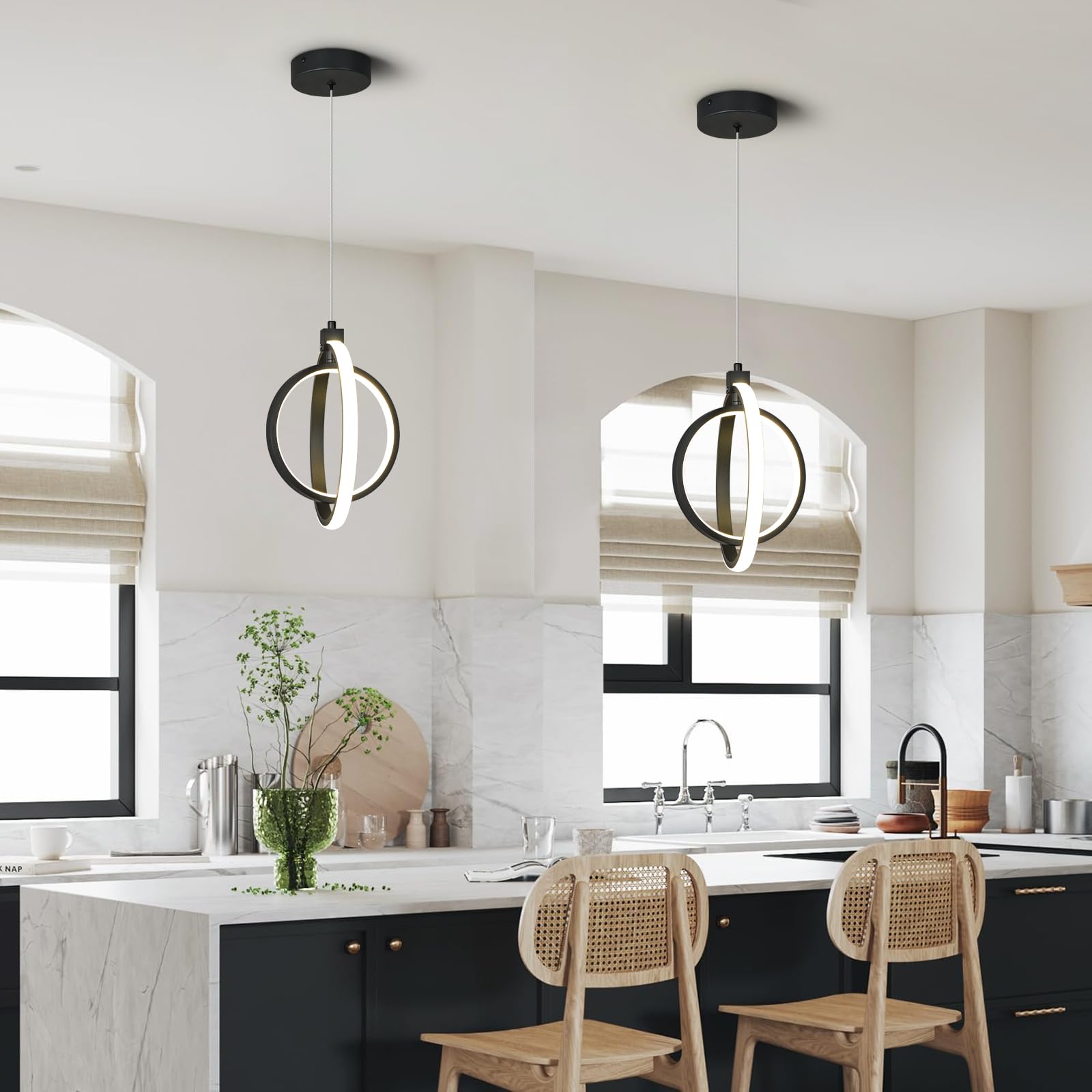 Bnhhlz Modern Led Chandelier Black Ring Pendant Light Fixtures 4000K Dimmable Height Adjustable Pendant Lighting For Dining Room Kitchen Island Bedroom Living Room Foyer(2-Pack)