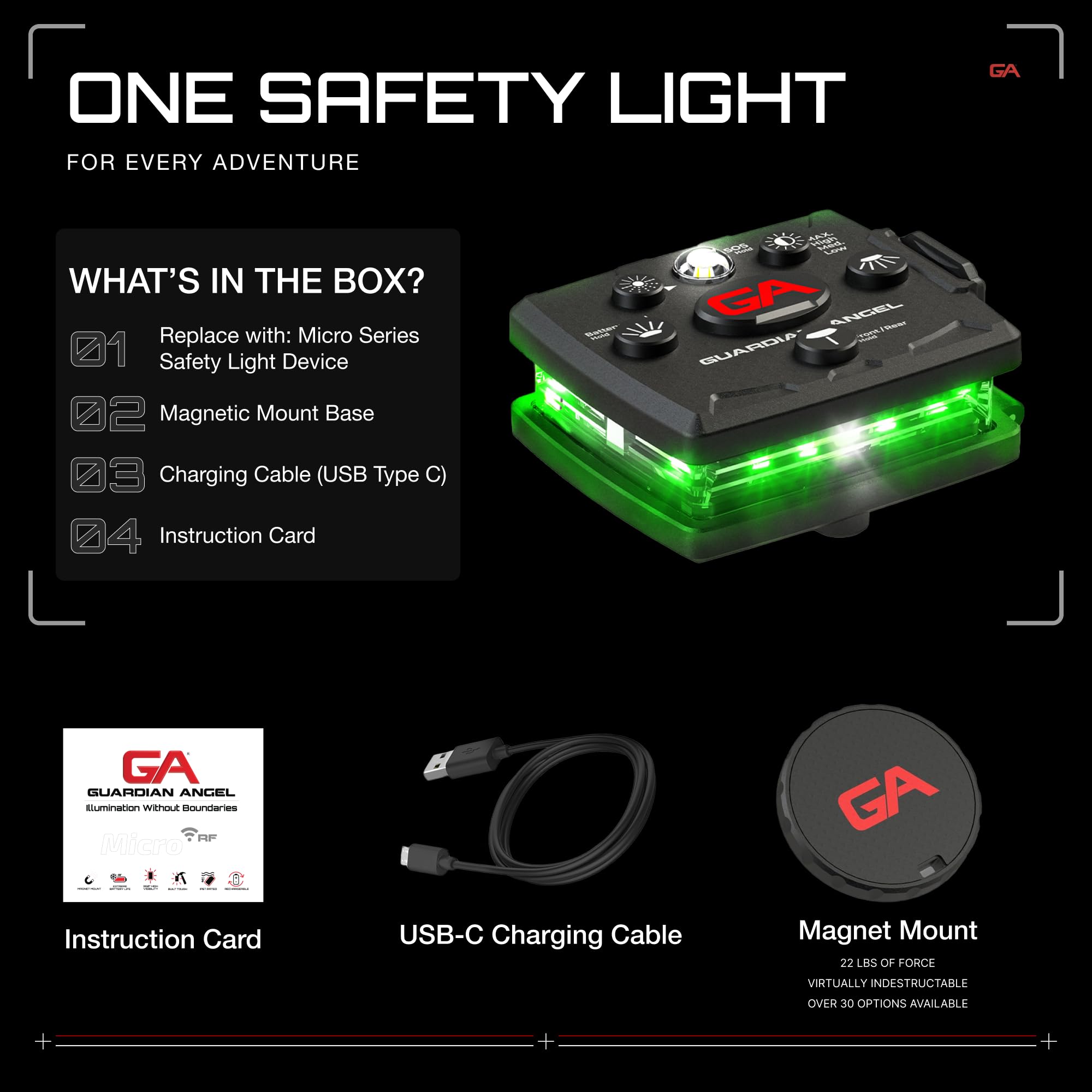 Guardian Angel Micro Series Safety Lights, Beacon Device (Green Front & Green Rear) | Rechargeable, Magnetic & Hands-Free Wearable Led Light For Dog Walking, Cycling, Camping & Kayaking