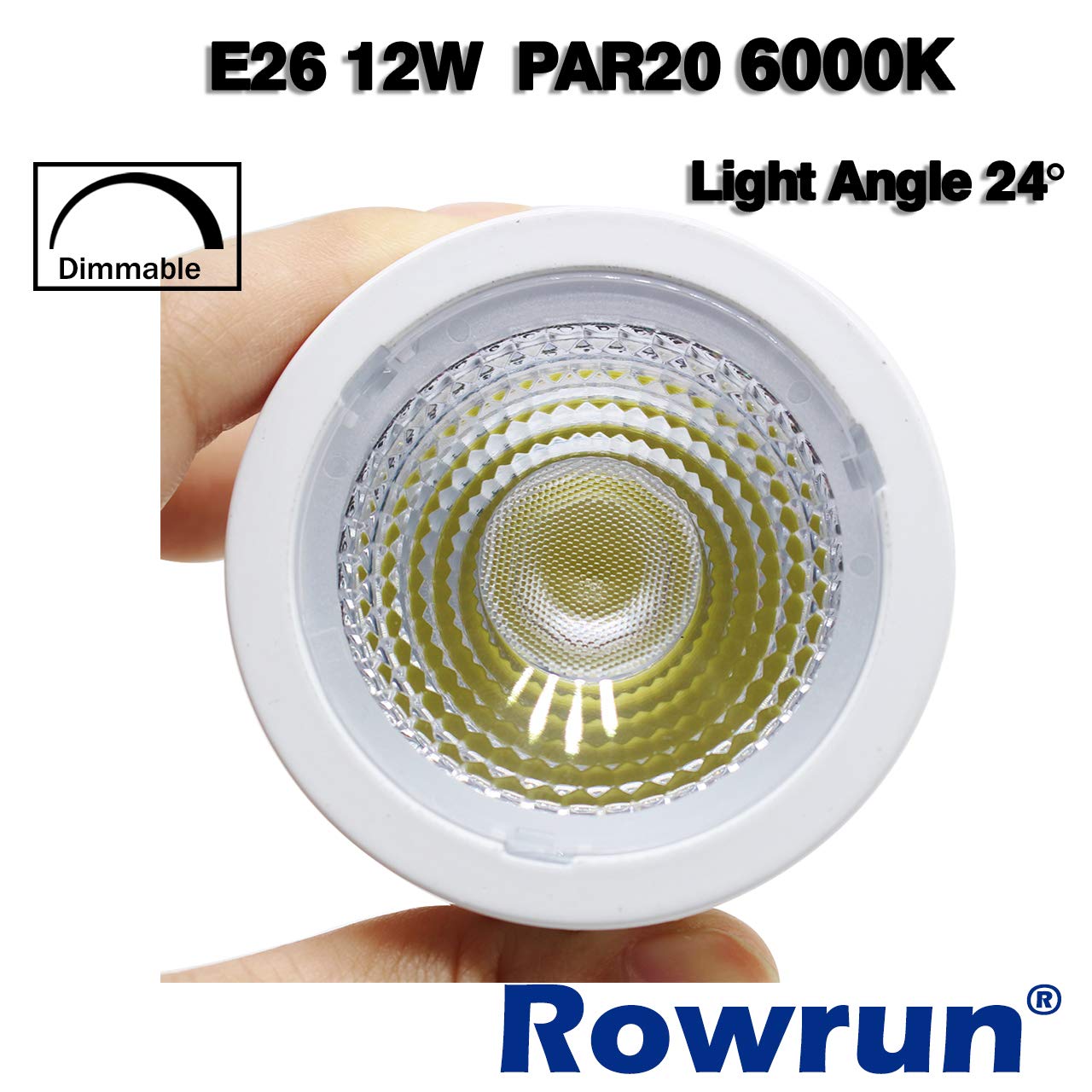 Rowrun Par20 Led Bulb 6000K Daylight White Dimmable 12W E26 Medium Base Cob Spot Light 24° Beam Angle High 1200Lm Ac 85-265V Flood Lamp 2-Pack