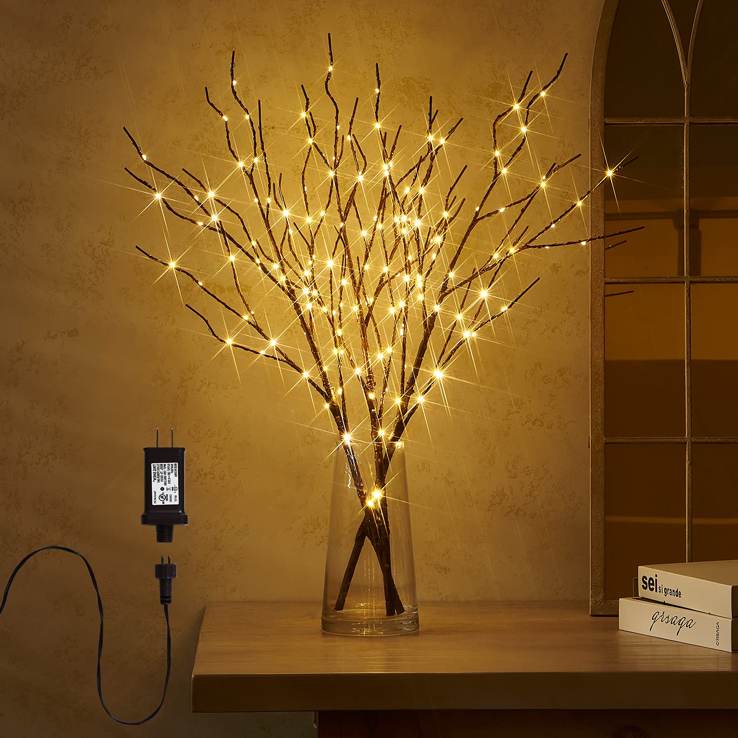 Fudios Lighted Twigs and Branches for Vases Plug in 32in Tall,Brown Willow Tree Branches with Lights 150 LED Outdoor Indoor Holi