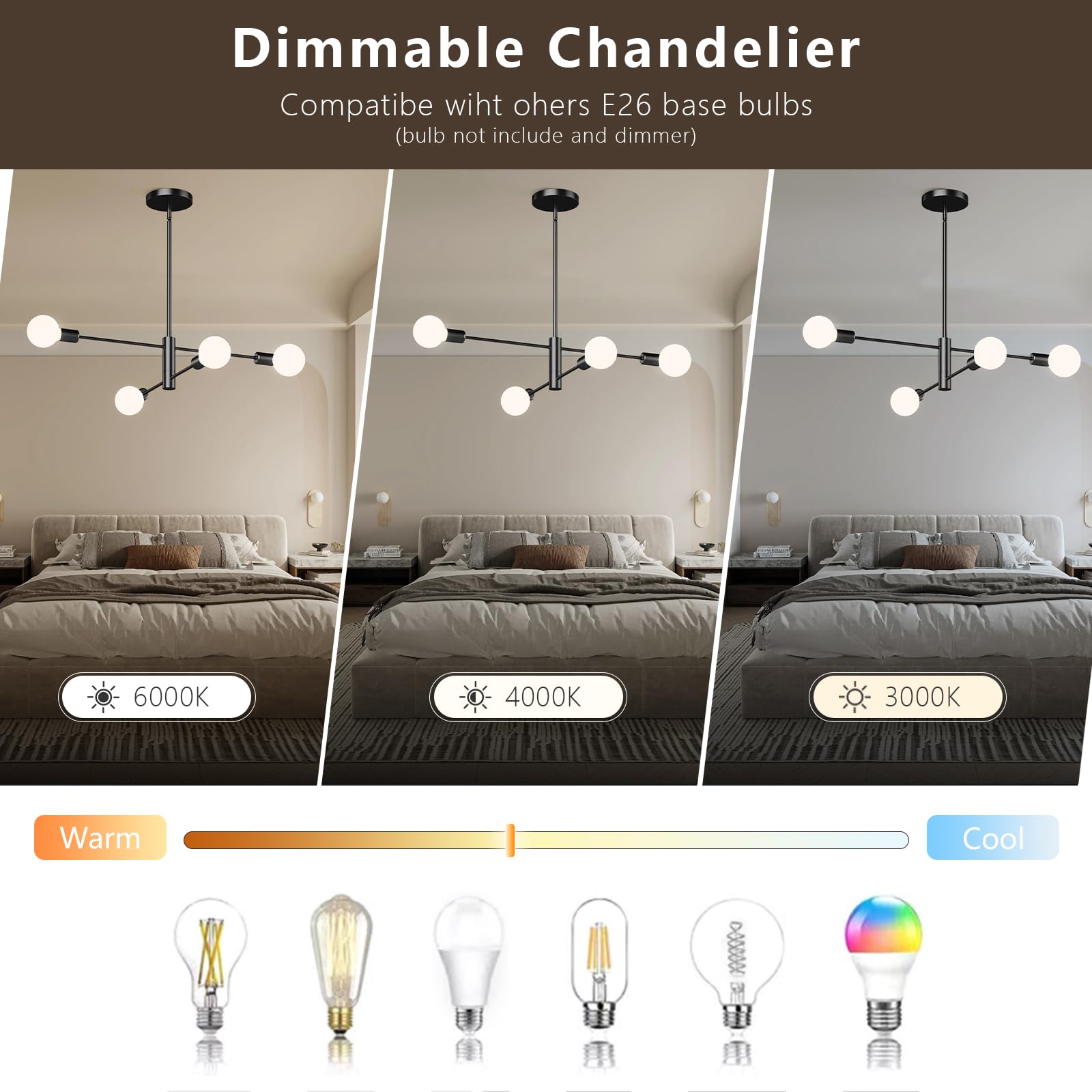 Eugitrains Modern Sputnik Chandelier 4-Light Black, Mid Century Chandelier For Living Room, Kitchen, Dining Room, Bedroom,Foyer