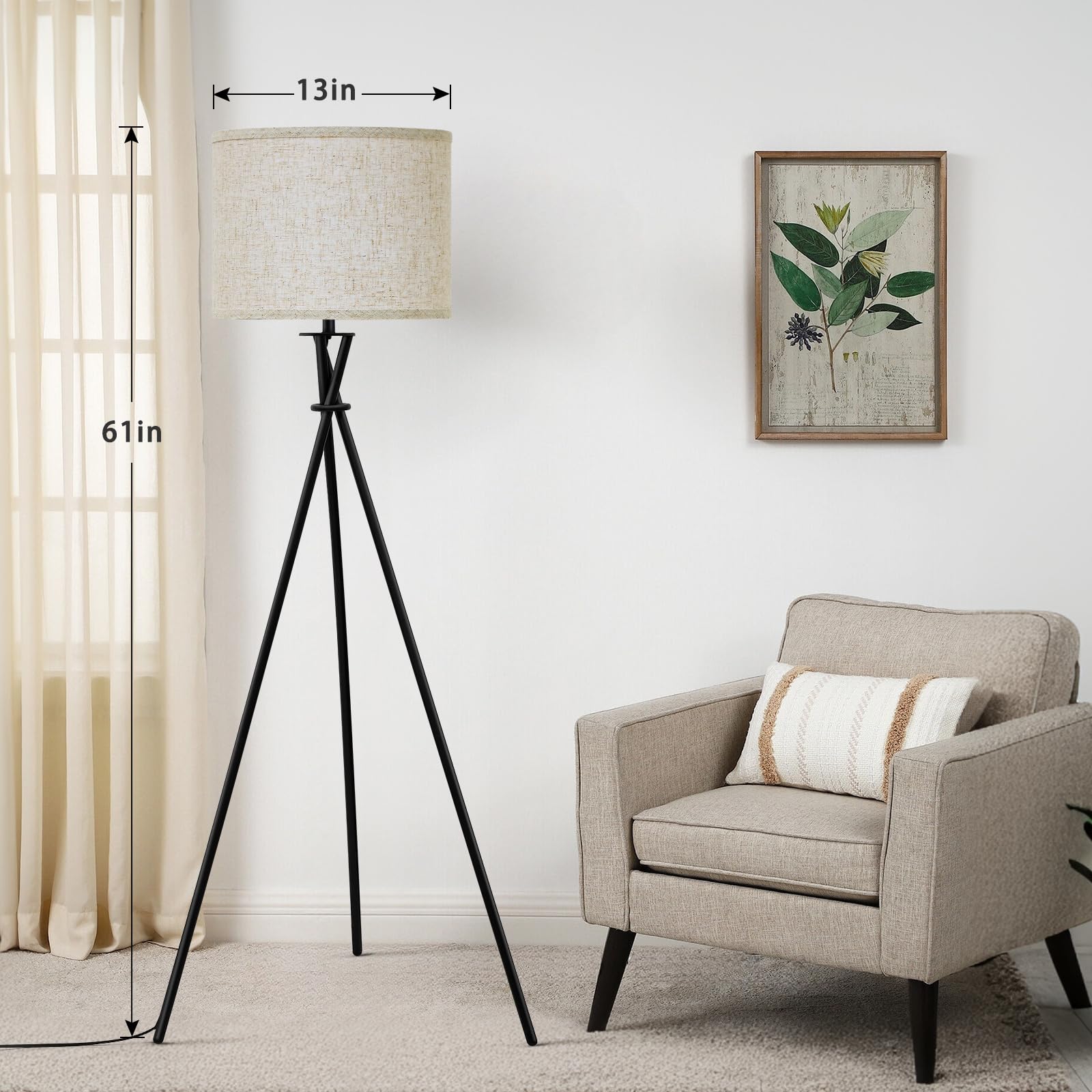 Luvkczc Tripod Floor Lamp, 61in Tall, Black Metal with Beige Shade, Model 1FL-054-03