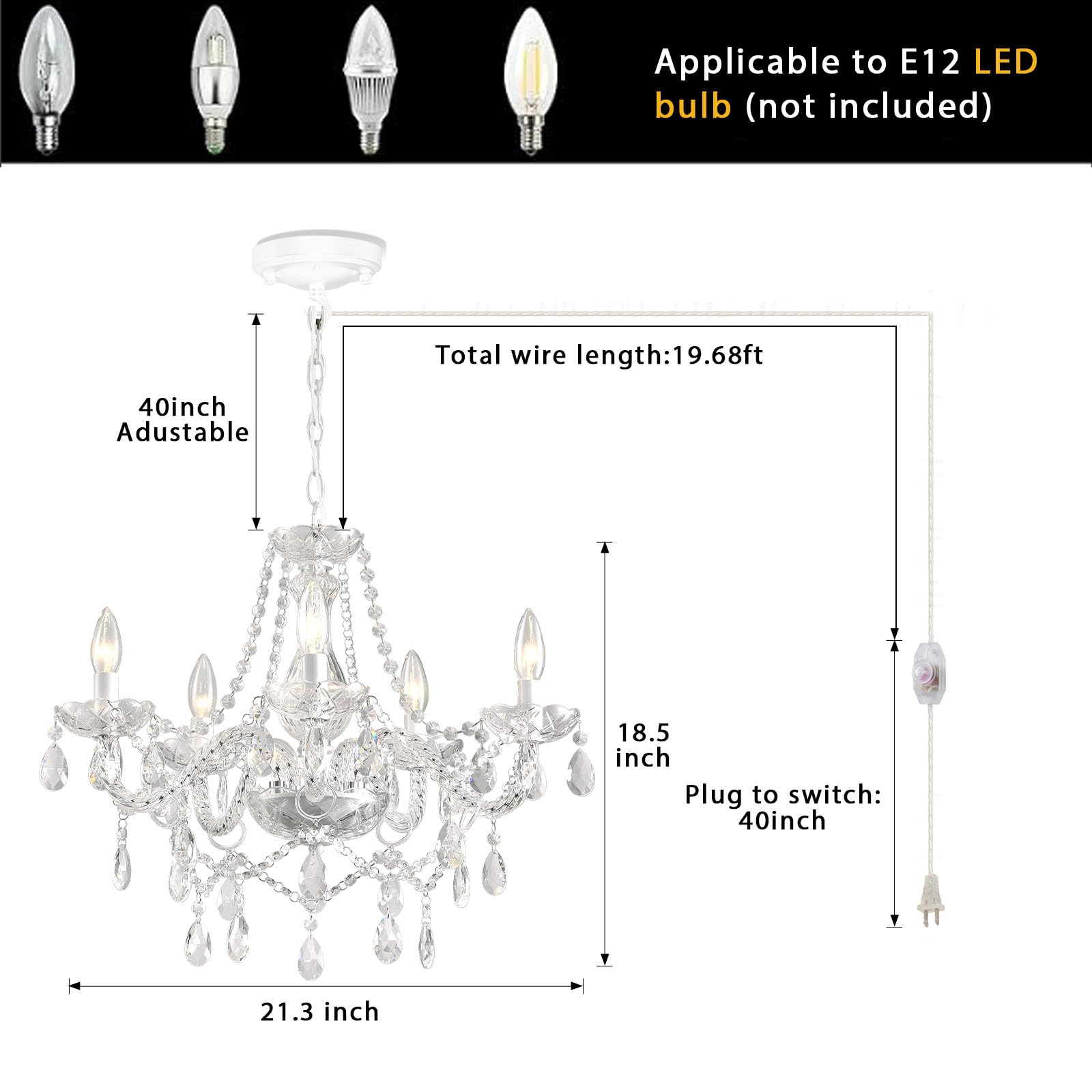 HOXIYA Dimmable 5-Light Glass Chandelier, White Pendant Light with Crystal Beads, Model HOXIYA-DJ-PL0503 for Girls' Room, Dining, Kitchen