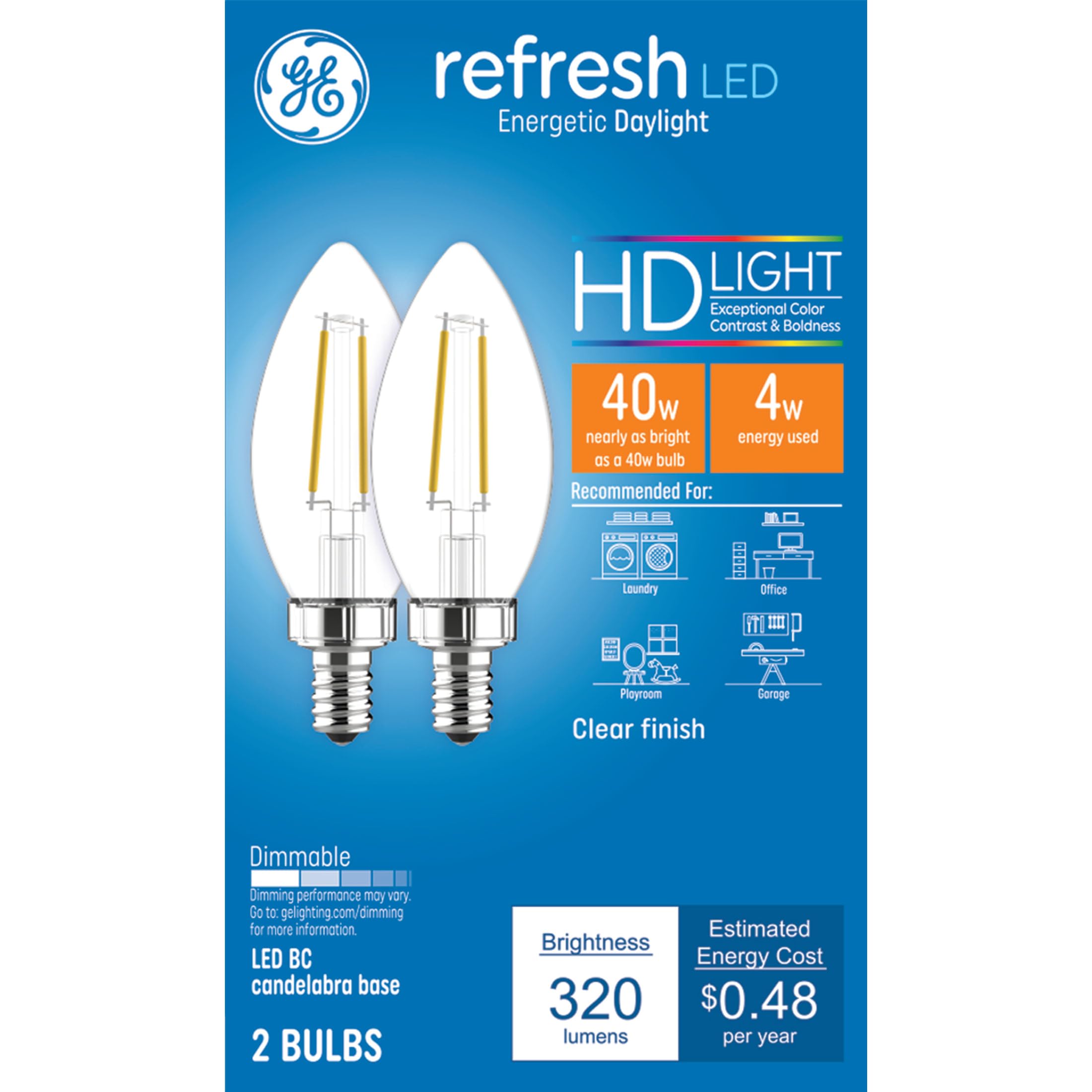 GE Refresh LED Light Bulbs, Candle Lights, 40 Watts, Daylight Clear Decorative B11 Bulbs, Small Base (8 Pack)