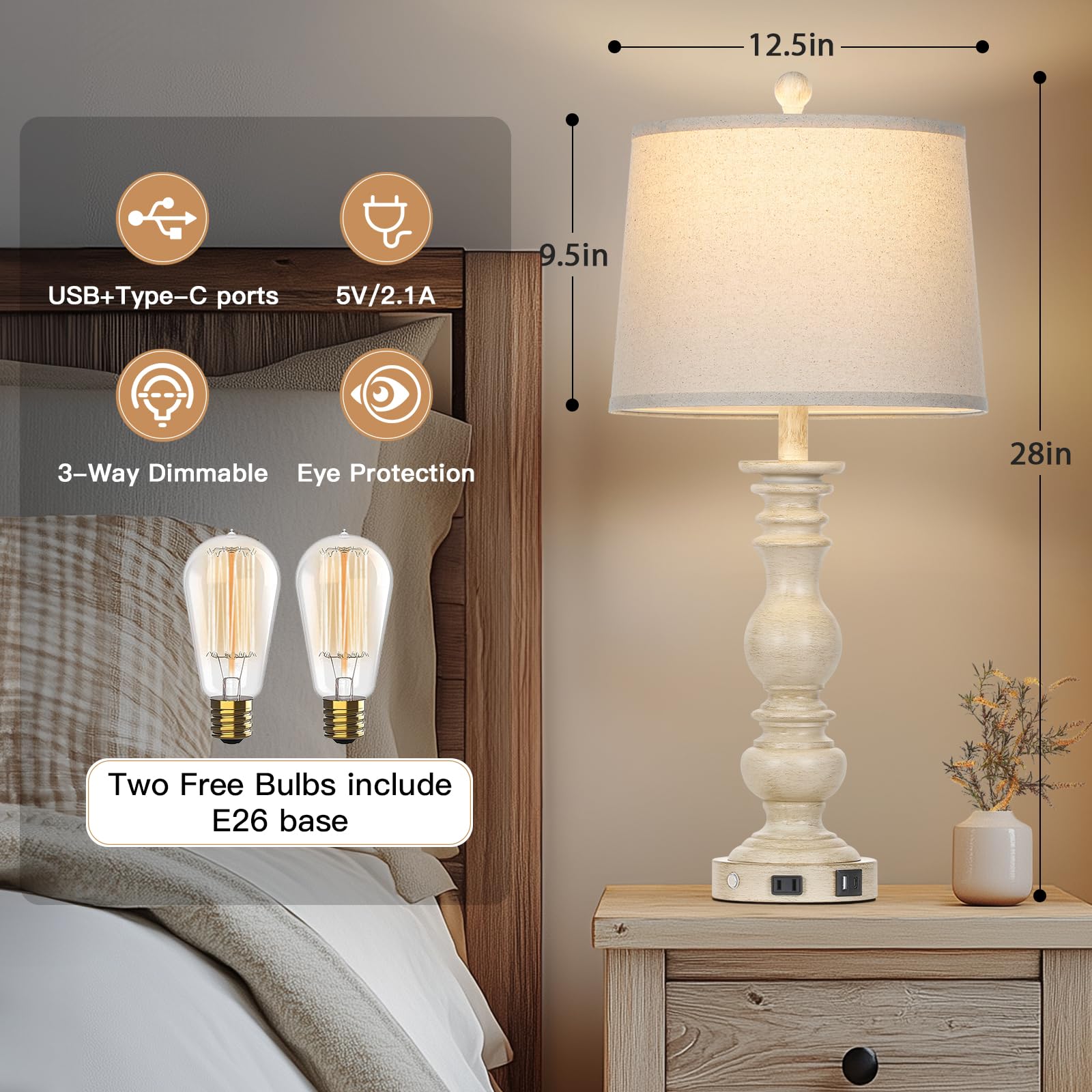 Cinkeda 28" Farmhouse Table Lamps Set of 2 - 3-Way Dimmable Touch, USB Ports, Beige, Model TD-CK