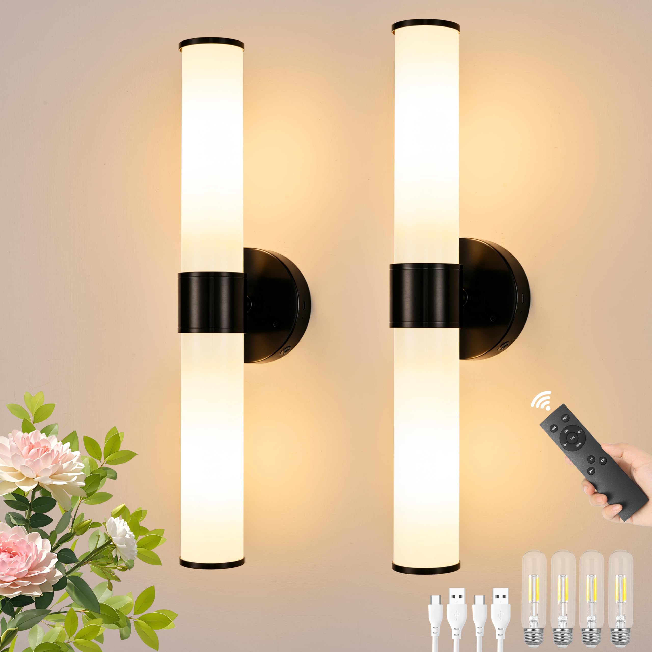 Morauroral Black Battery Operated Wall Sconces Set of 2, Rechargeable Wall Lights with Remote, 20 Inch Modern Cordless Wall Lamp
