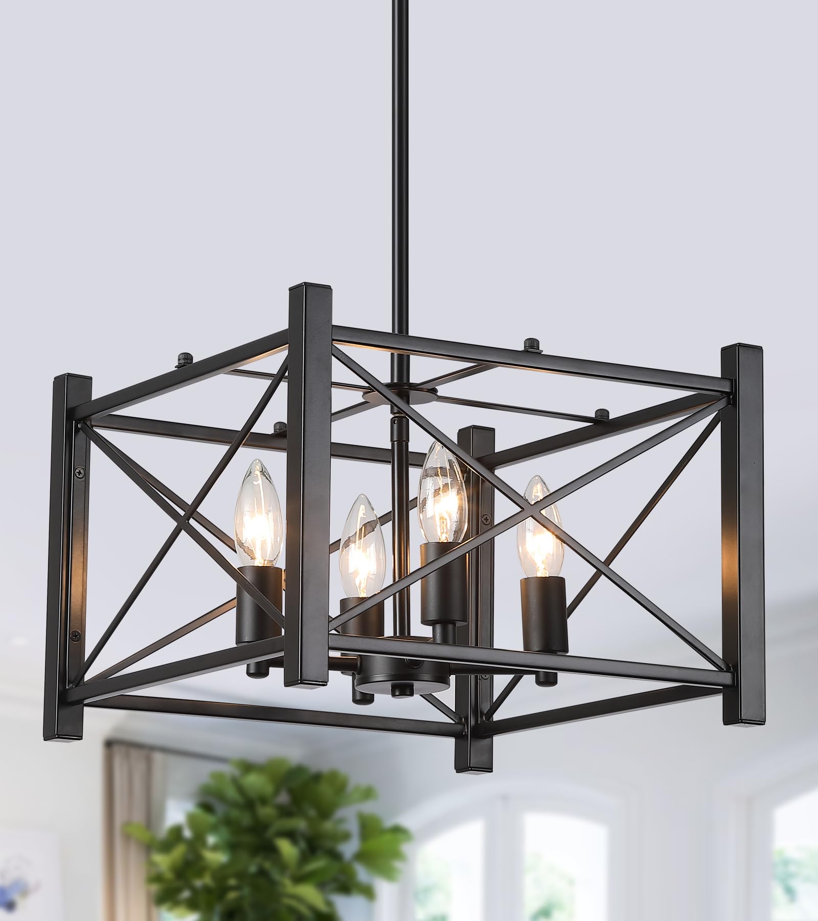 Amzasa Farmhouse Chandelier,Black Square 4-Lights Lantern Pendant Light, Rustic Cage Industrial Hanging Light For Kitchen Island, Dining Room, Hallway Entryway Foyer