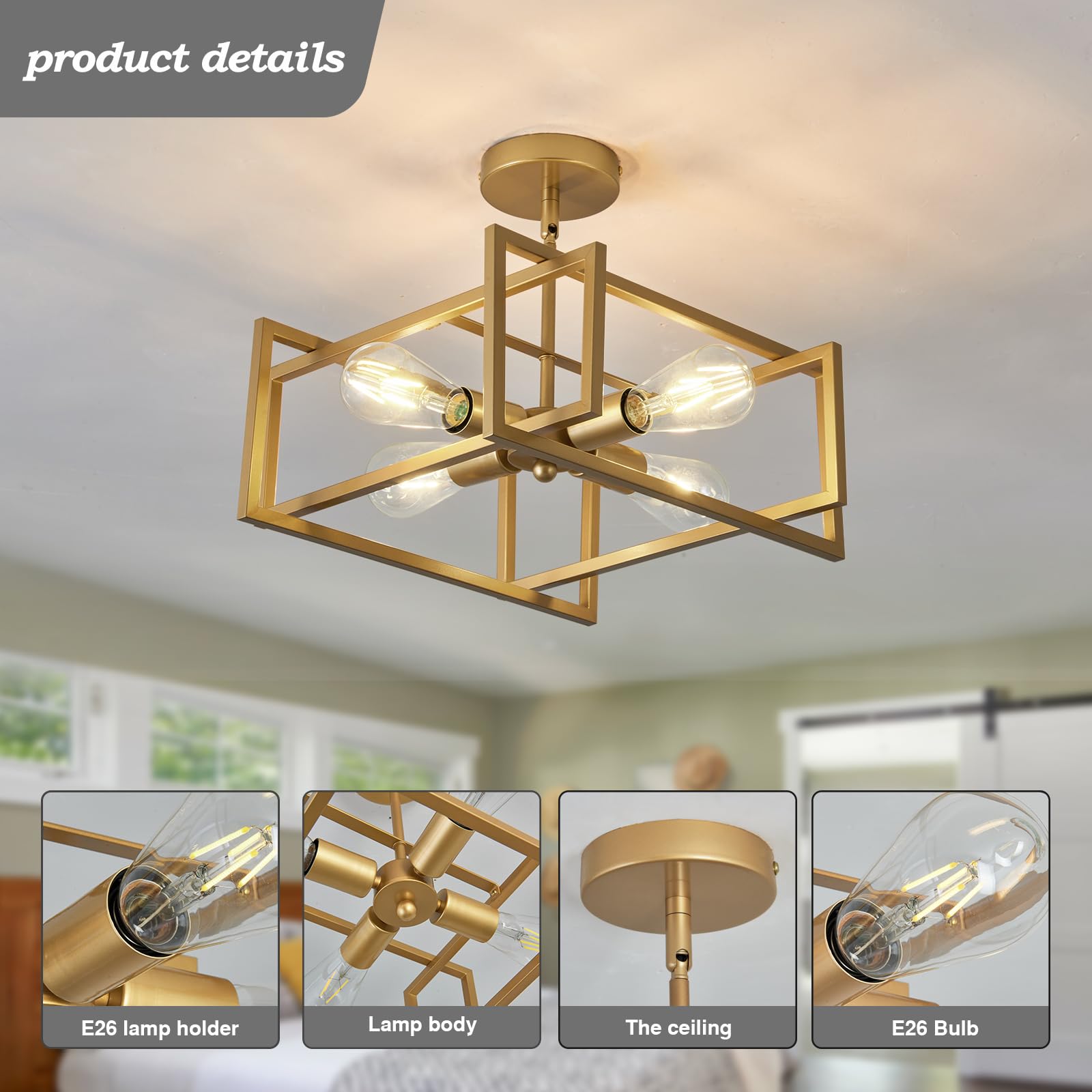 Zglaojt 4-Lights Ceiling Light Gold Light Fixture Industrial Flush Mount Ceiling Light Farmhouse Chandelier Lighting For Kitchen