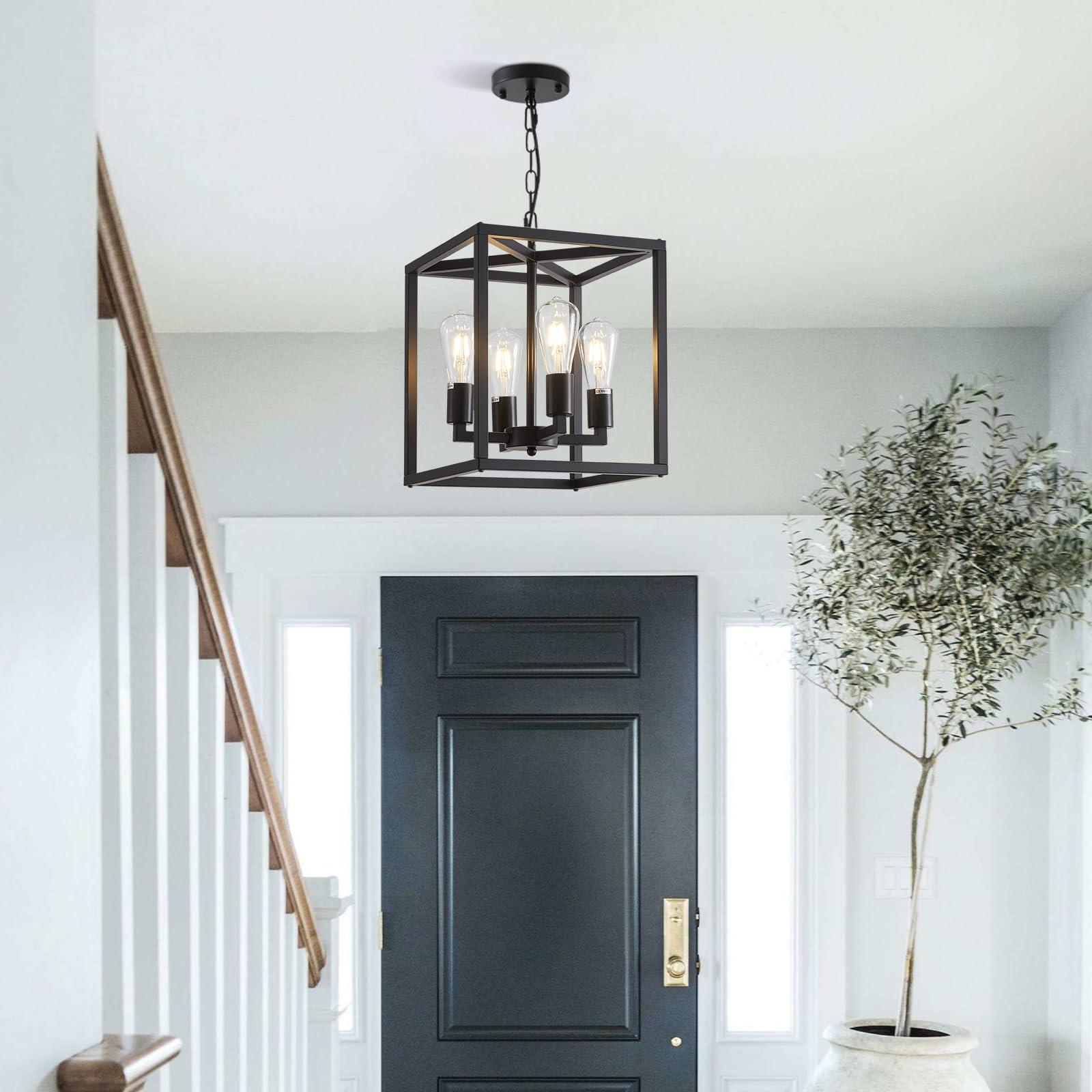 Lanhall 4-Light Farmhouse Chandelier, Adjustable Height, Metal Cage, Black Pendant Lighting for Kitchen, Dining Room, Living Room, Bedroom