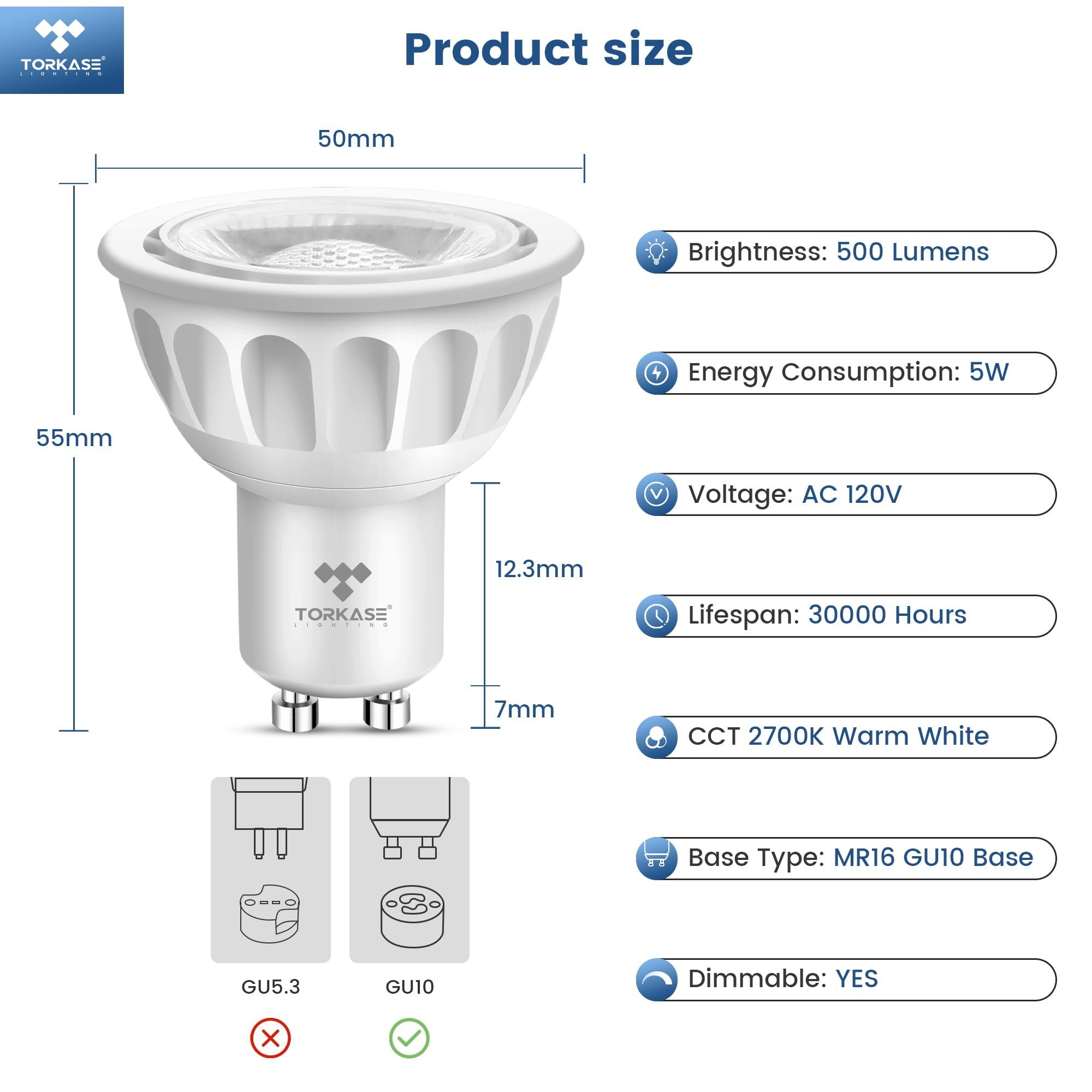 Torkase GU10 LED Bulb, Dimmable 5W Warm White, 500LM, 40 Degree, 6 Pack - Energy Saving MR16 Replacement for Recessed Lighting