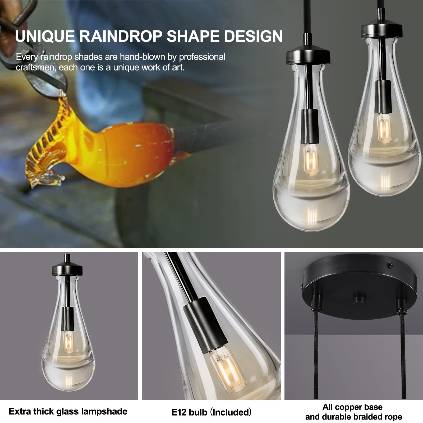 Joyunleo Black Raindrop Pendant Lights Kitchen Island  Bronze 2-Light Cluster Pendant Light For Dining Room  Dimmable Hanging Pendant Lighting Bedroom Light Fixture Ceiling Chandelier For Foyer
