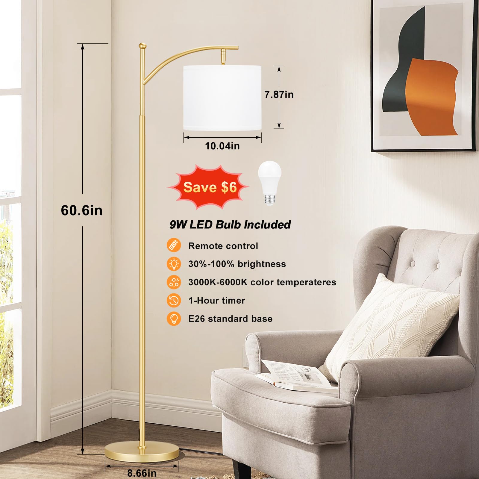 60'' Floor Lamps With Remote Control & Bulb, Colors Temperature & Brightness Adjustable, White Shade & Gold Pole