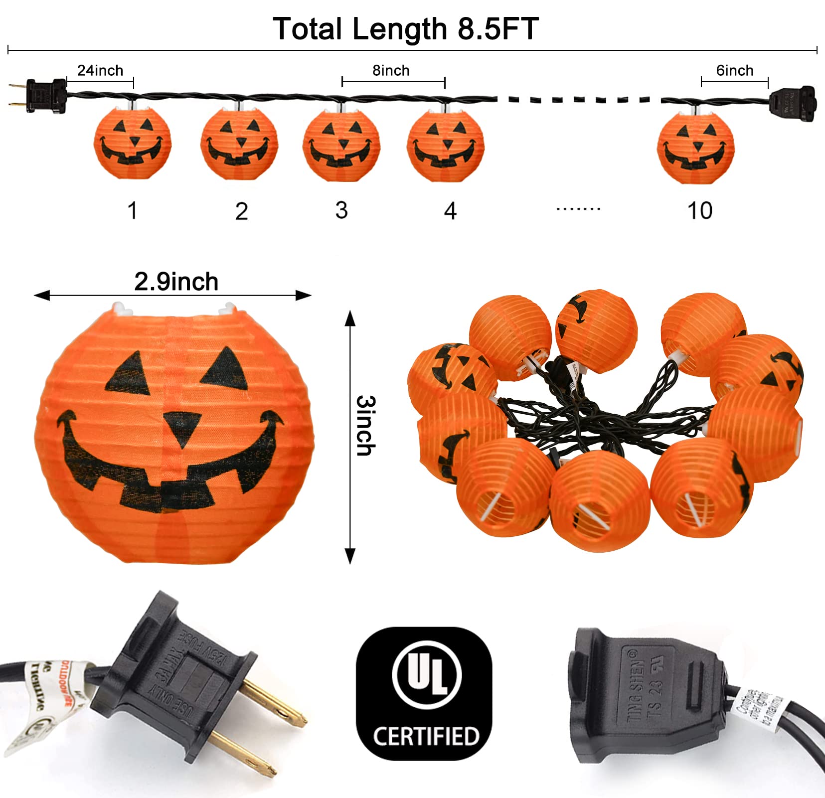 Konictom Halloween Pumpkin String Lights, 8.5Ft, 10 Orange Bulbs, Indoor/Outdoor Decor