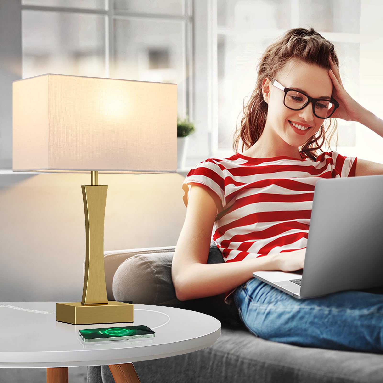 Seealle Bedside Lamps Set of 2 - 3 Way Dimmable Touch Table Lamps with USB C+A Ports, Metal, Gold & E. White